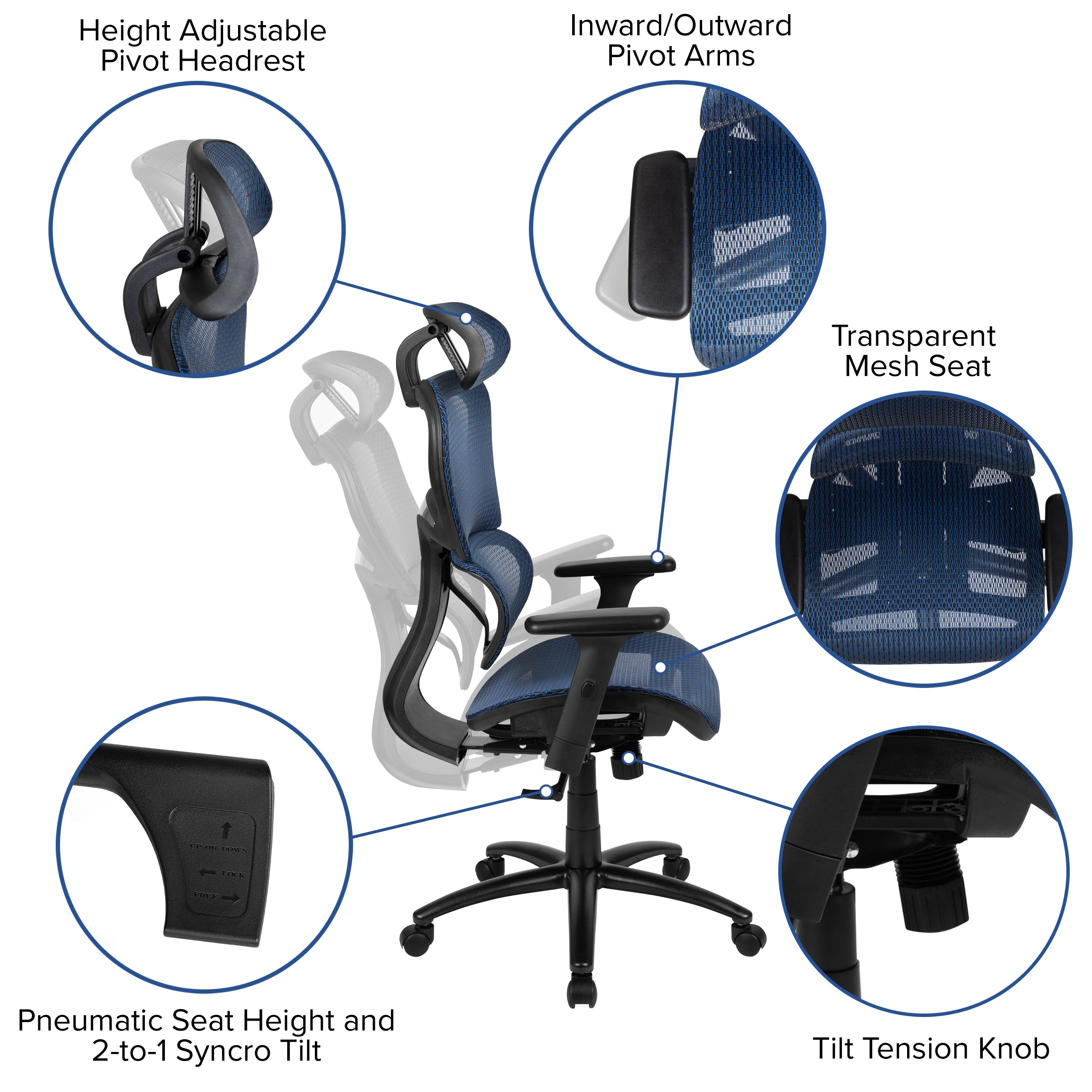 LO Ergonomic Mesh Office Chair with 2-to-1 Synchro-Tilt, Adjustable Headrest, Lumbar Support, and Adjustable Pivot Arms in Blue