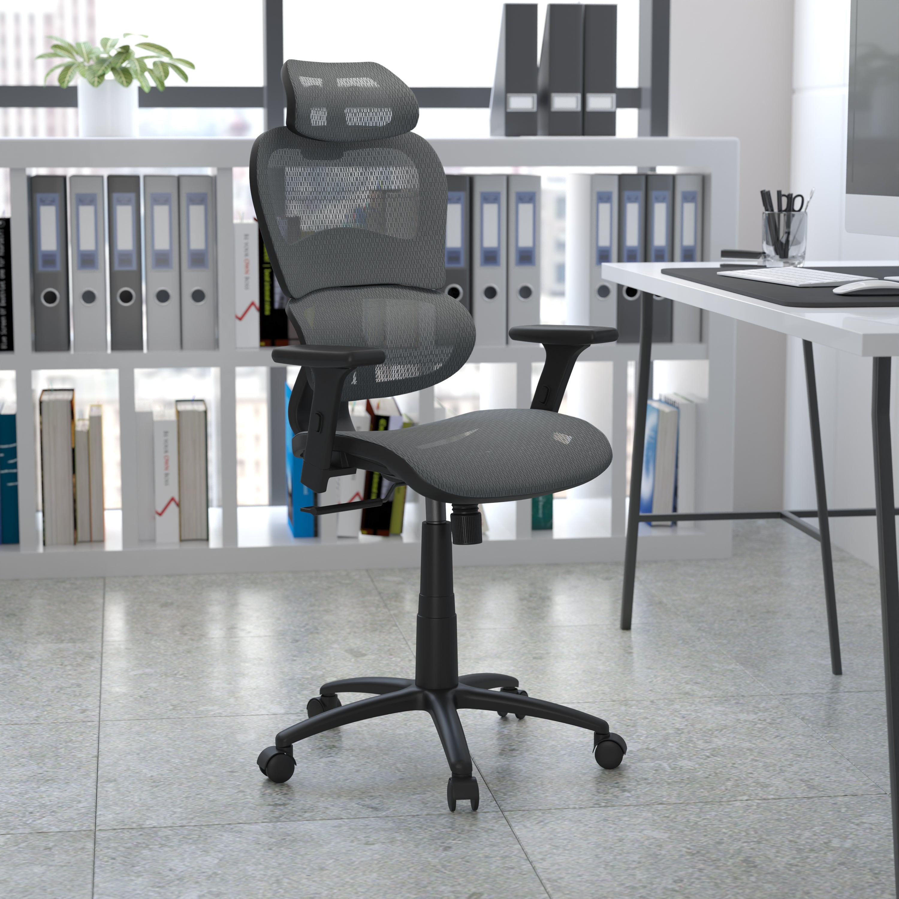 LO Ergonomic Mesh Office Chair with 2-to-1 Synchro-Tilt, Adjustable Headrest, Lumbar Support, and Adjustable Pivot Arms in Gray