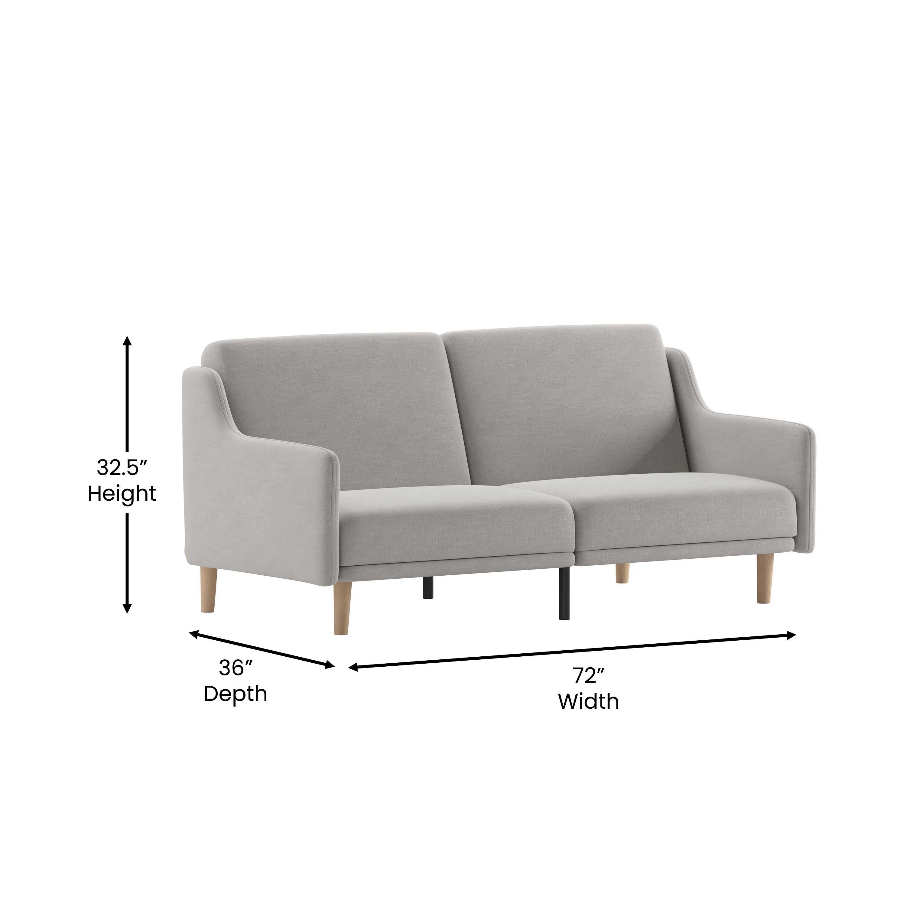 Delphine Premium Convertible Split Back Sofa Futon with Curved Armrests and Solid Wood Legs - Gray Faux Linen Upholstery
