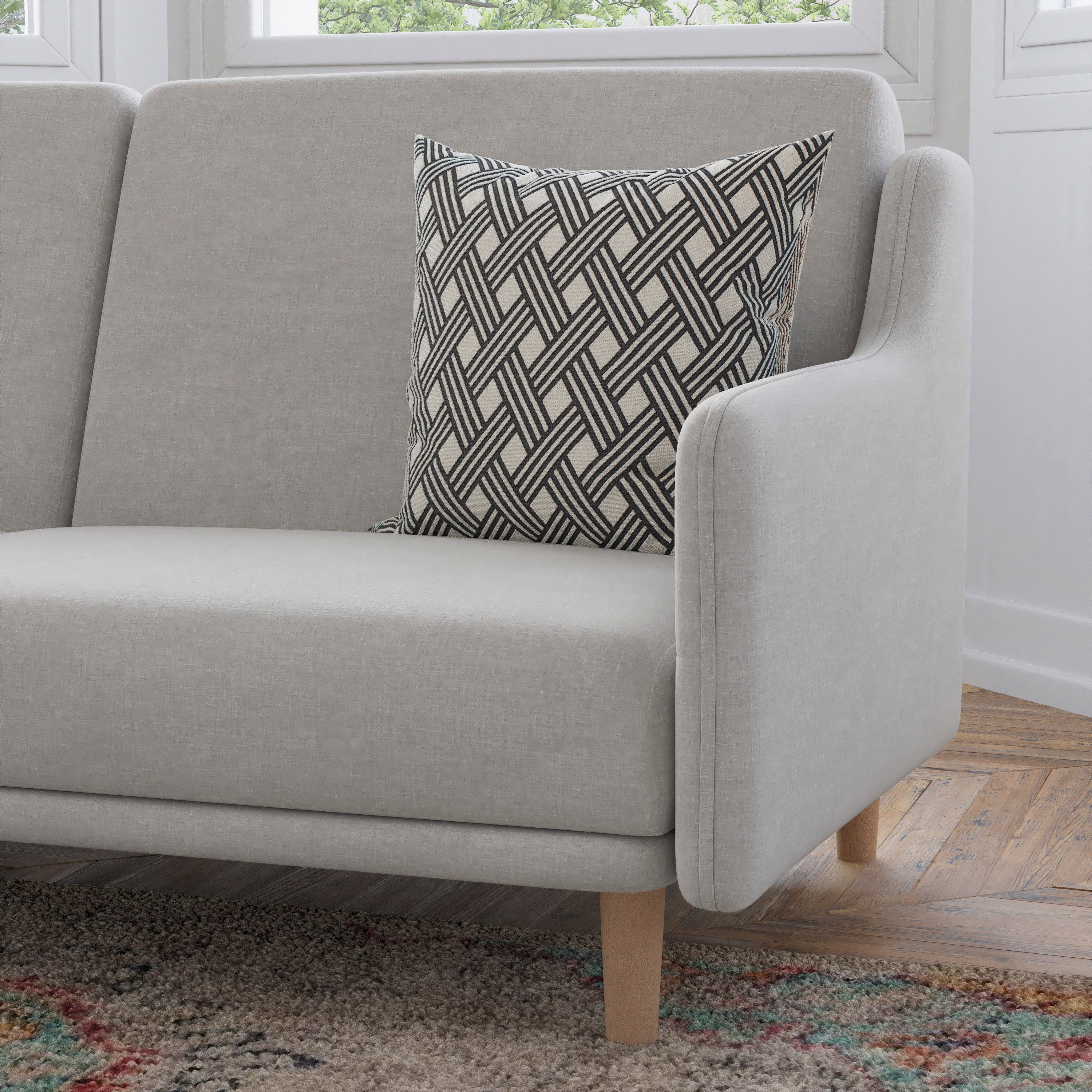 Delphine Premium Convertible Split Back Sofa Futon with Curved Armrests and Solid Wood Legs - Gray Faux Linen Upholstery