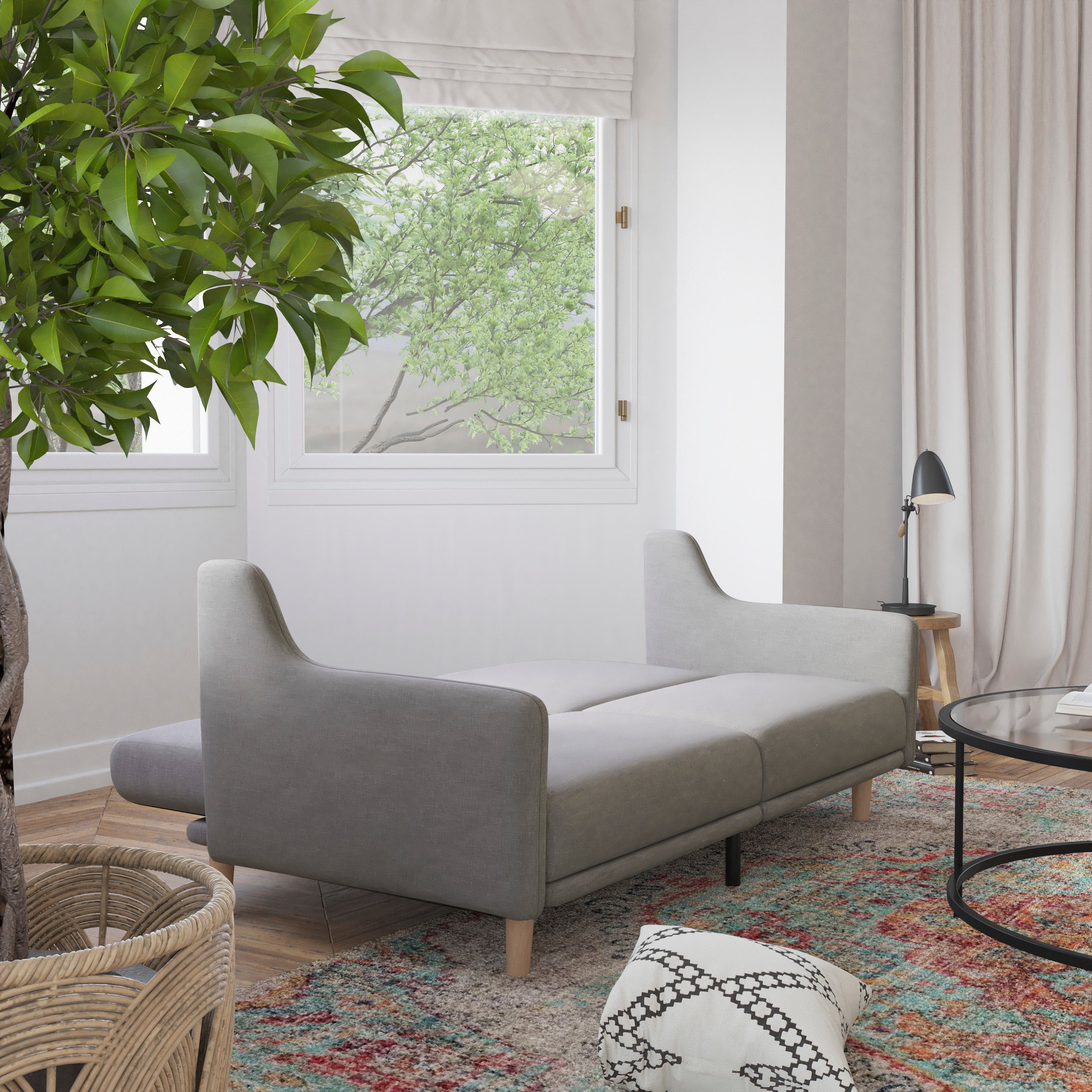 Delphine Premium Convertible Split Back Sofa Futon with Curved Armrests and Solid Wood Legs - Gray Faux Linen Upholstery