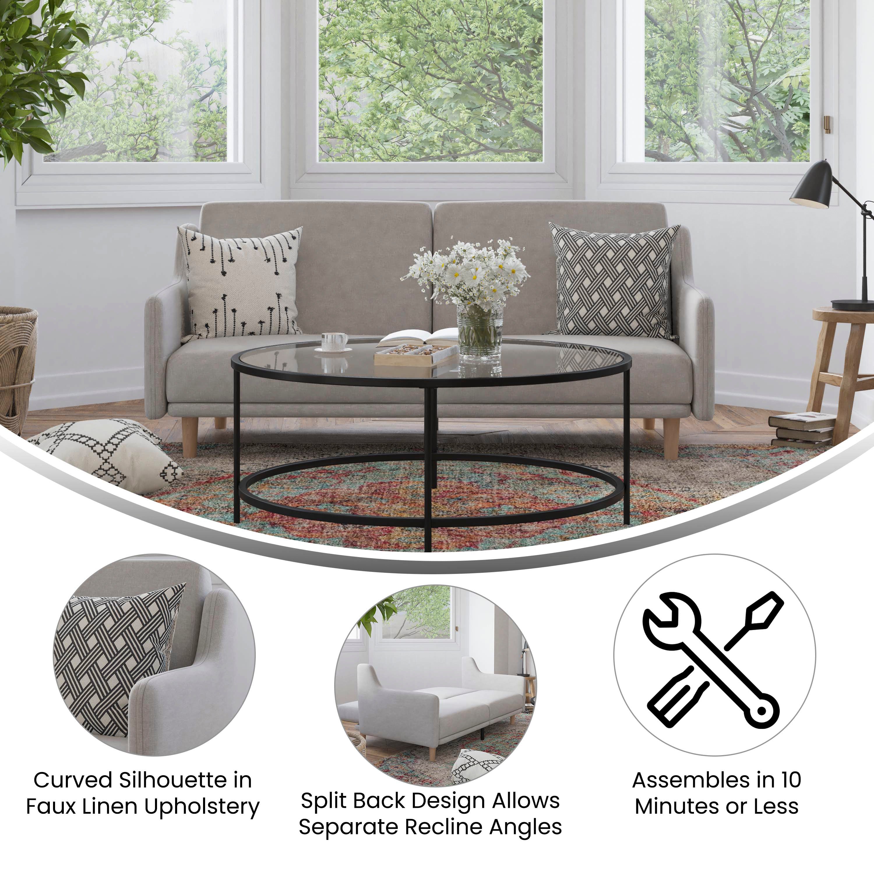 Delphine Premium Convertible Split Back Sofa Futon with Curved Armrests and Solid Wood Legs - Gray Faux Linen Upholstery