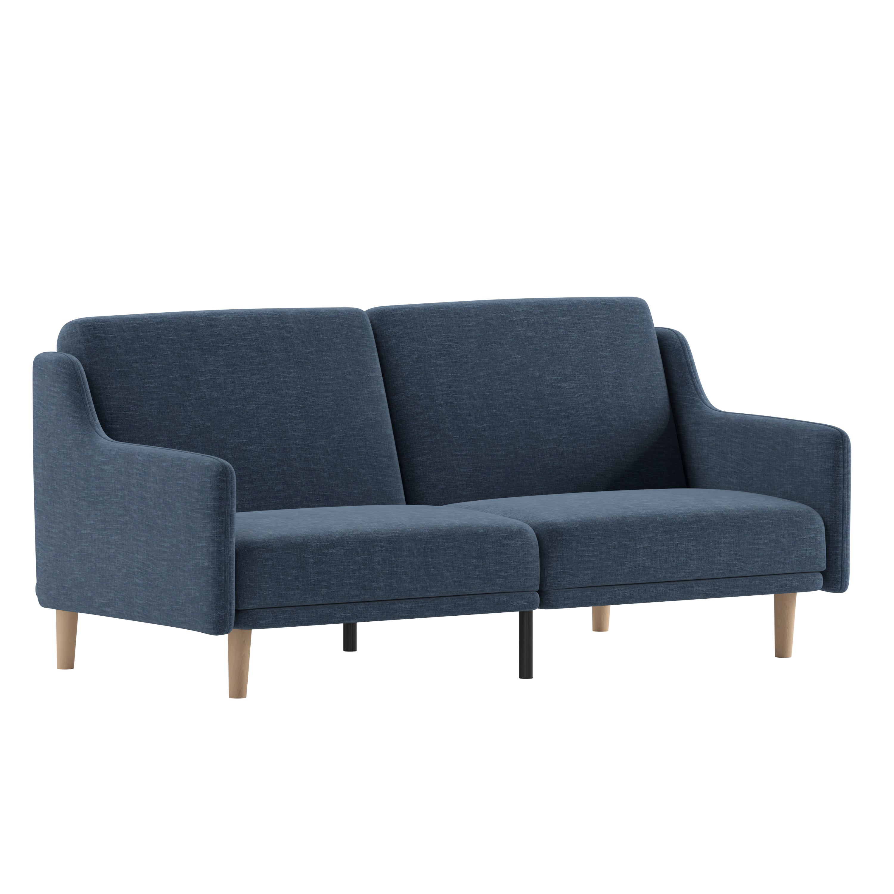 Delphine Premium Convertible Split Back Sofa Futon with Curved Armrests and Solid Wood Legs - Navy Faux Linen Upholstery