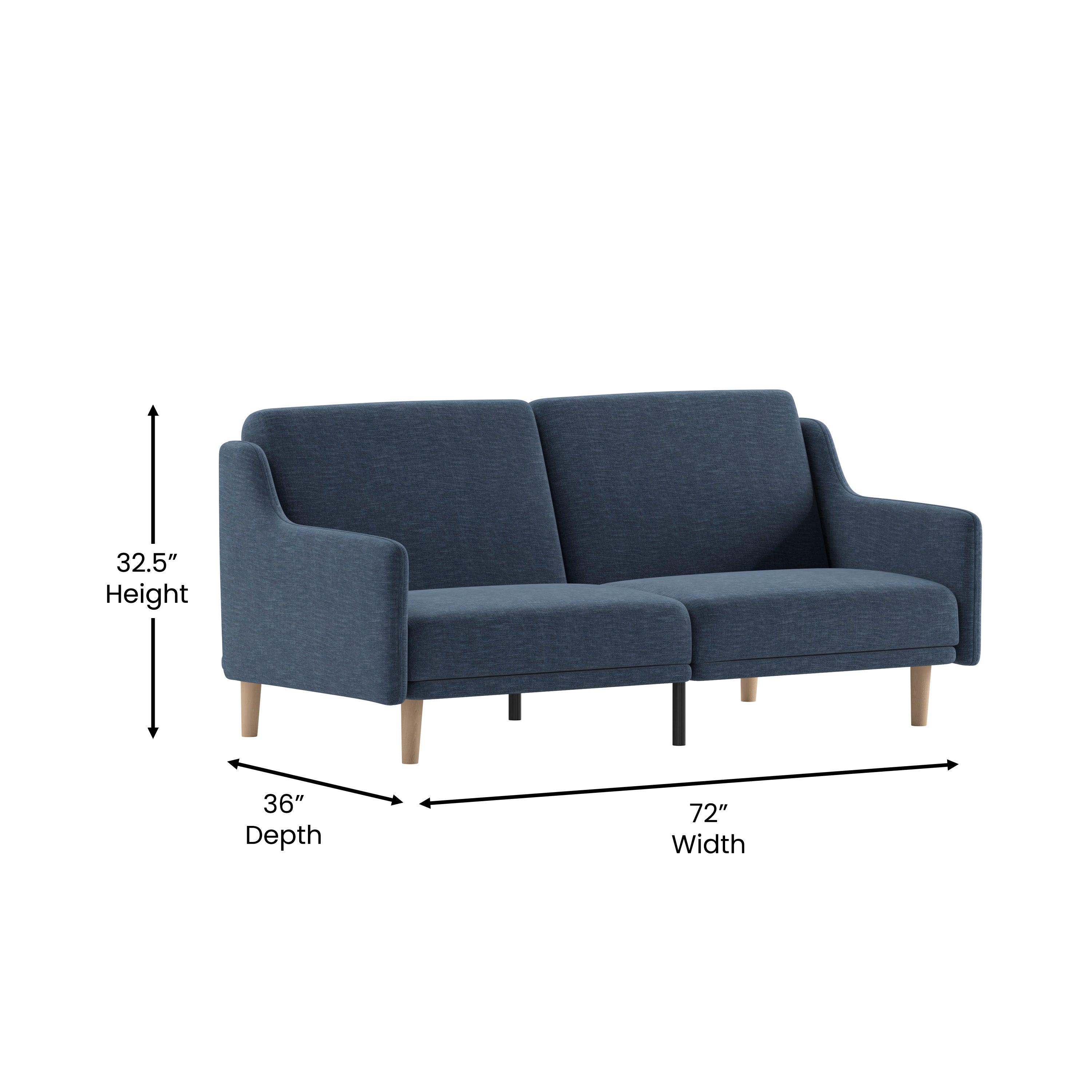 Delphine Premium Convertible Split Back Sofa Futon with Curved Armrests and Solid Wood Legs - Navy Faux Linen Upholstery