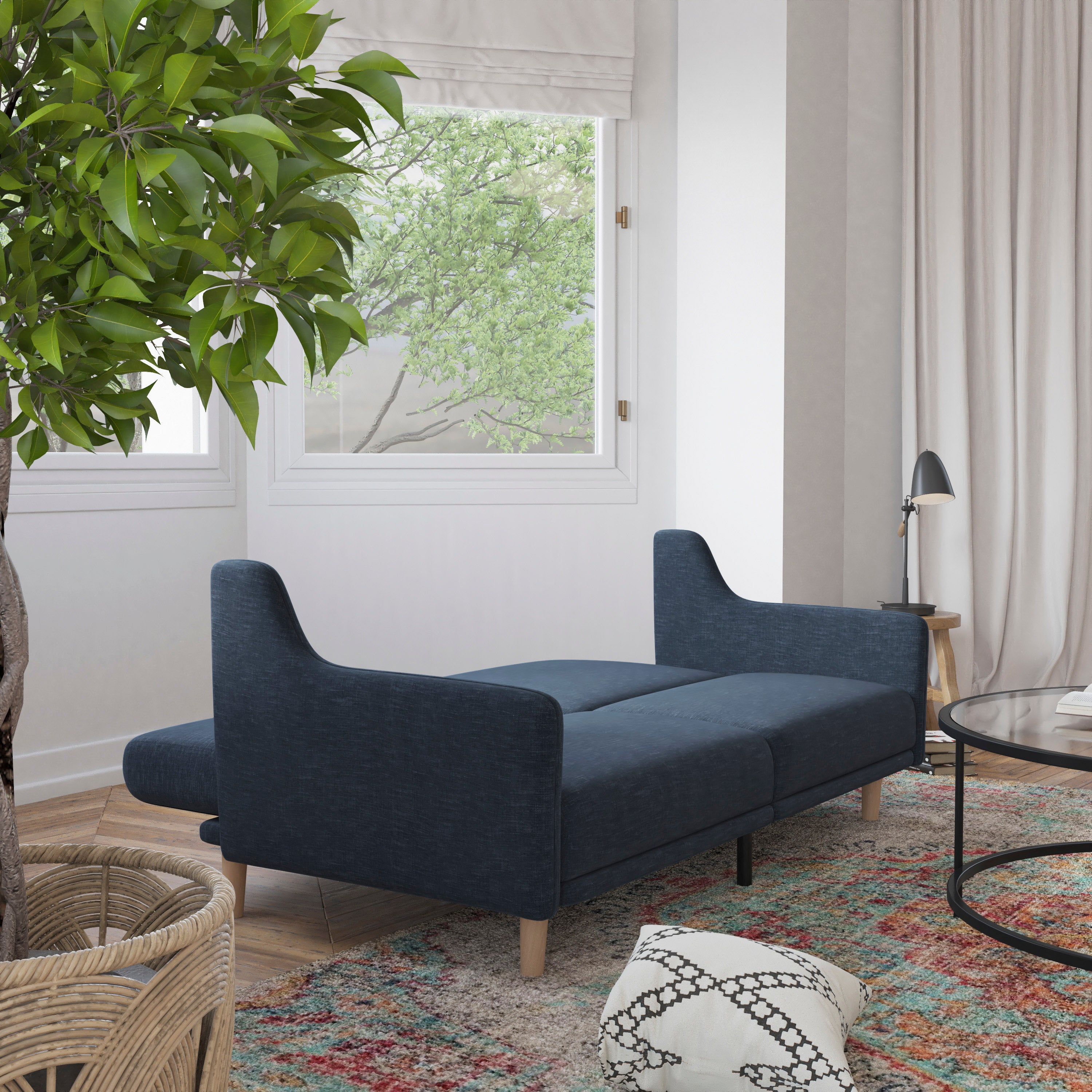 Delphine Premium Convertible Split Back Sofa Futon with Curved Armrests and Solid Wood Legs - Navy Faux Linen Upholstery