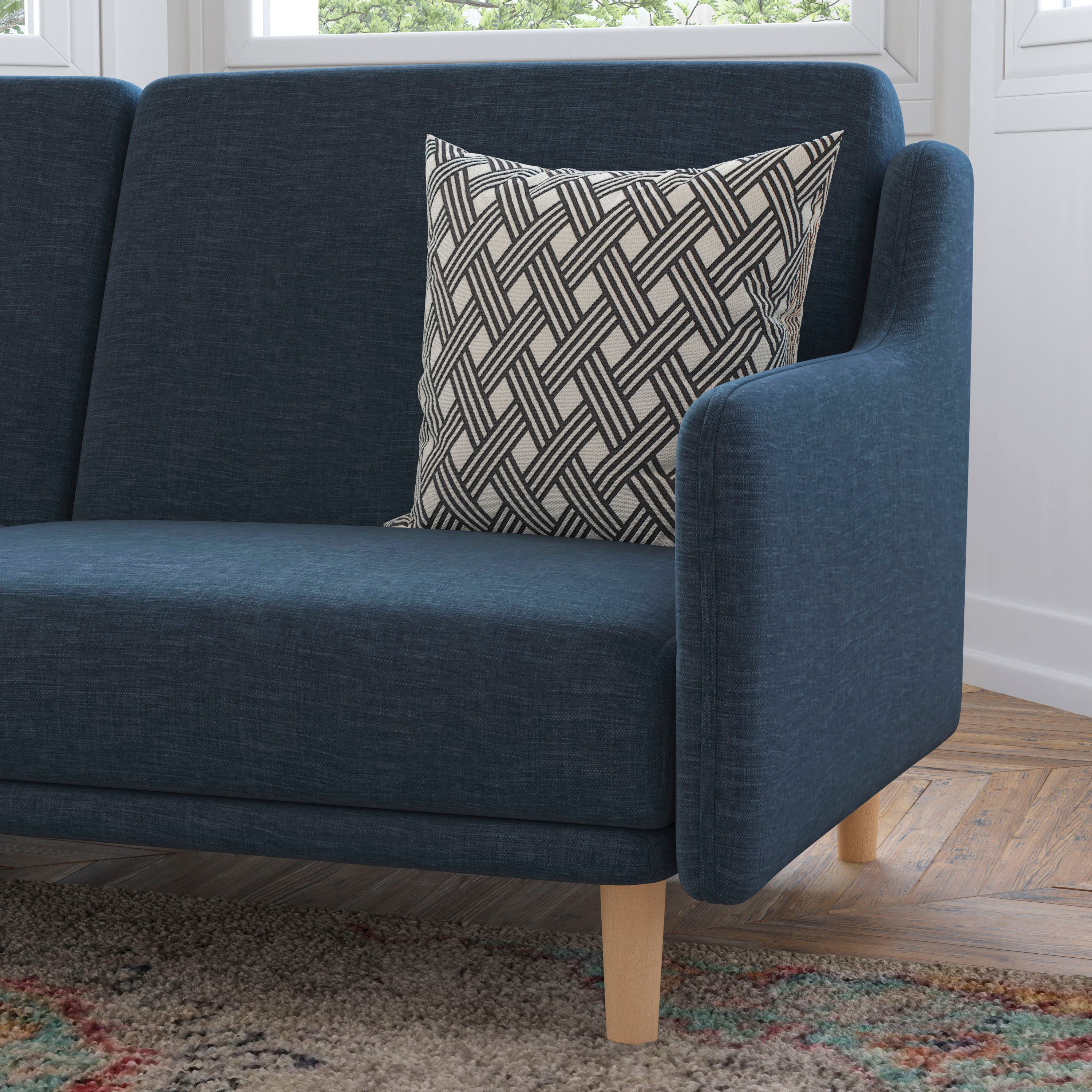 Delphine Premium Convertible Split Back Sofa Futon with Curved Armrests and Solid Wood Legs - Navy Faux Linen Upholstery