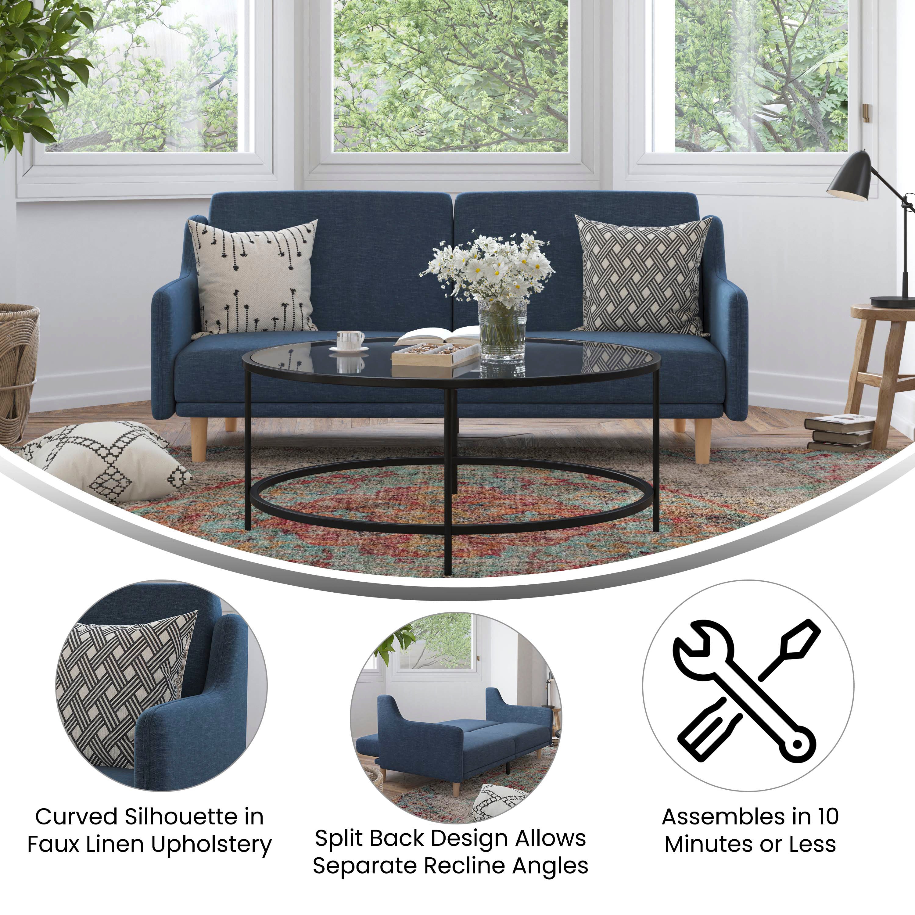 Delphine Premium Convertible Split Back Sofa Futon with Curved Armrests and Solid Wood Legs - Navy Faux Linen Upholstery