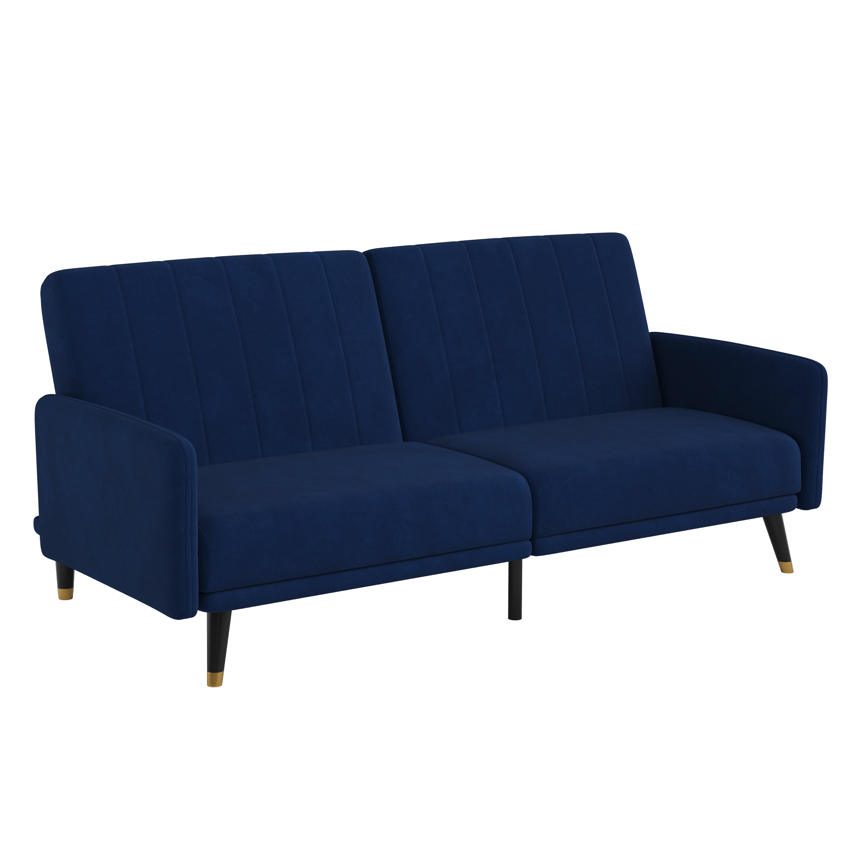 Sophia Premium Split Back Sofa Futon, Convertible Sleeper Couch for Small Spaces in Soft Navy Velvet Upholstery with Solid Wooden Legs