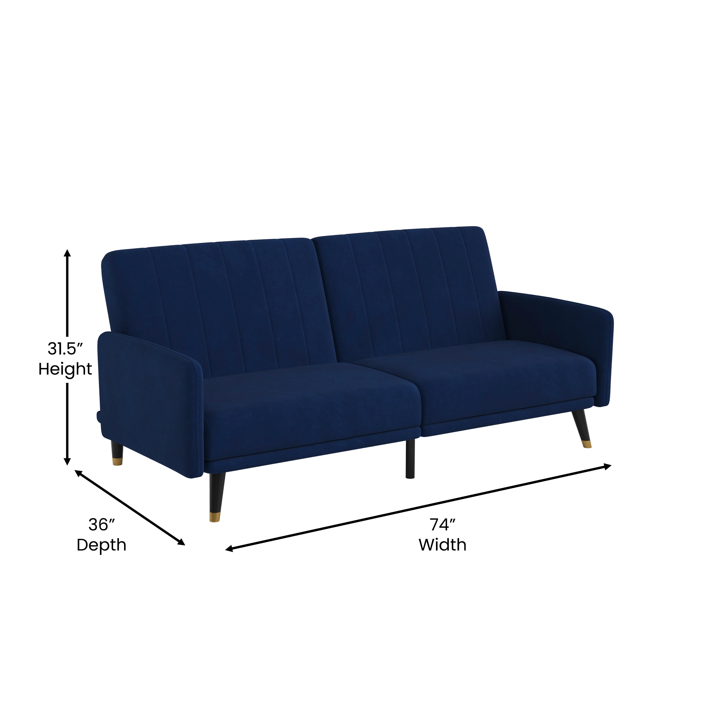 Sophia Premium Split Back Sofa Futon, Convertible Sleeper Couch for Small Spaces in Soft Navy Velvet Upholstery with Solid Wooden Legs