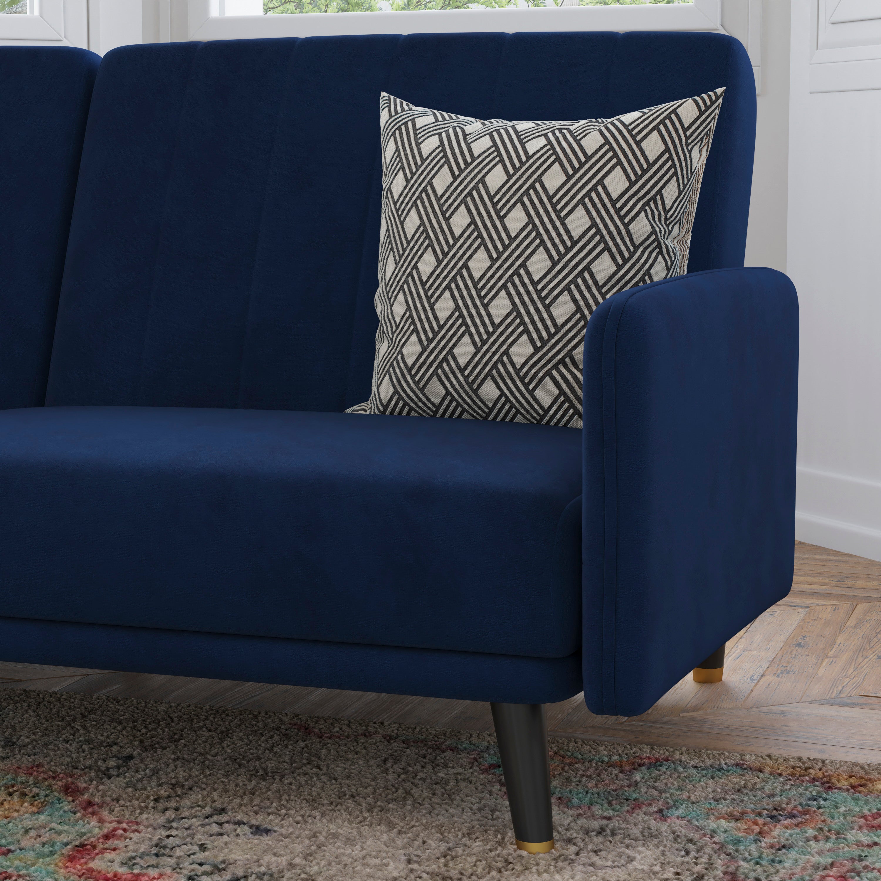 Sophia Premium Split Back Sofa Futon, Convertible Sleeper Couch for Small Spaces in Soft Navy Velvet Upholstery with Solid Wooden Legs