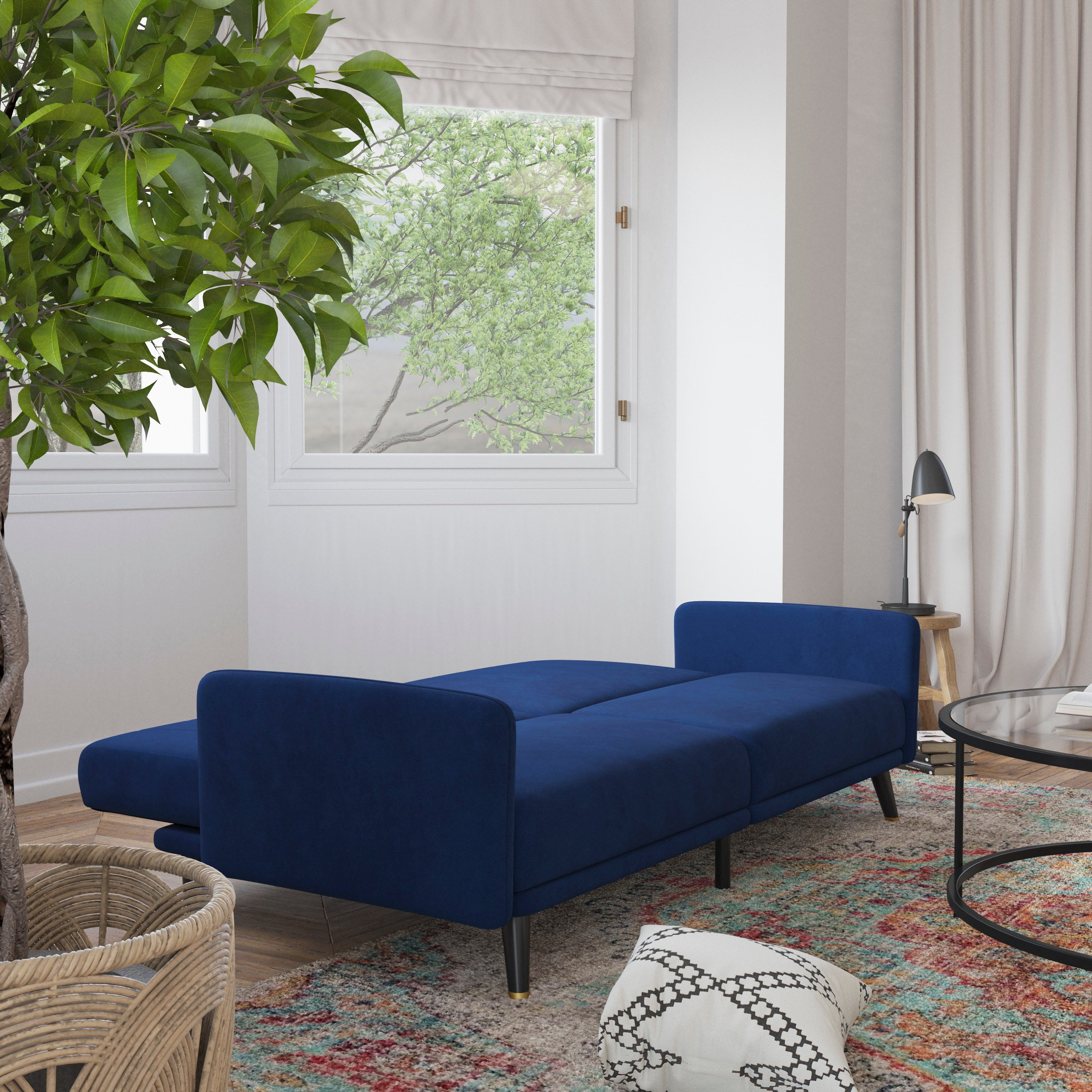 Sophia Premium Split Back Sofa Futon, Convertible Sleeper Couch for Small Spaces in Soft Navy Velvet Upholstery with Solid Wooden Legs