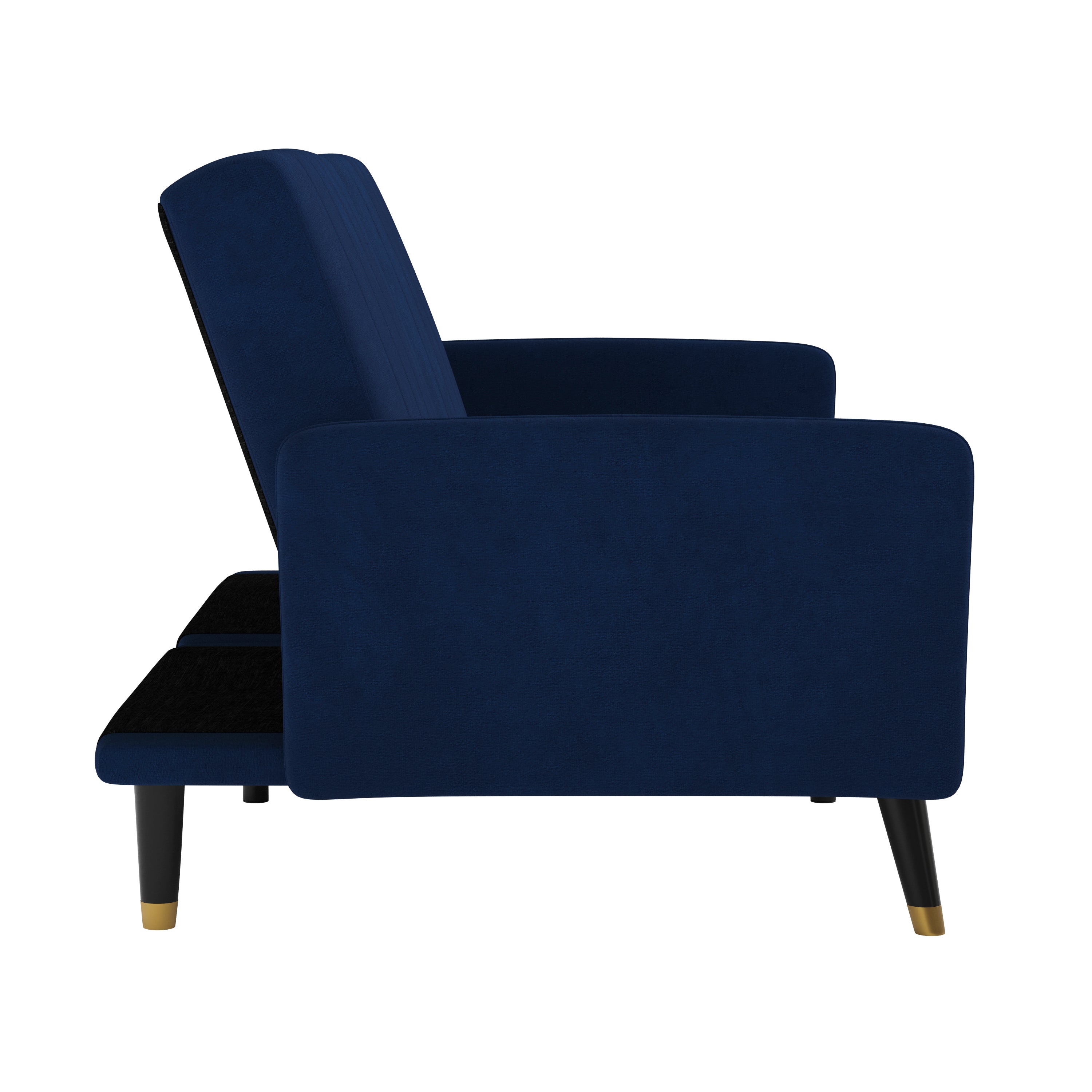 Sophia Premium Split Back Sofa Futon, Convertible Sleeper Couch for Small Spaces in Soft Navy Velvet Upholstery with Solid Wooden Legs