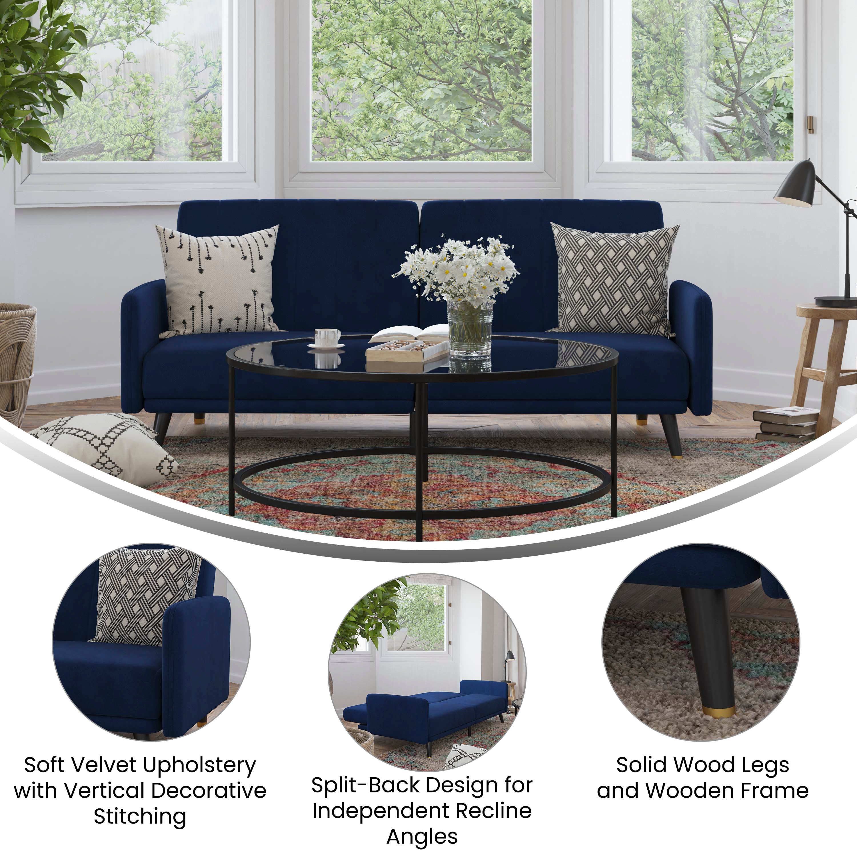 Sophia Premium Split Back Sofa Futon, Convertible Sleeper Couch for Small Spaces in Soft Navy Velvet Upholstery with Solid Wooden Legs