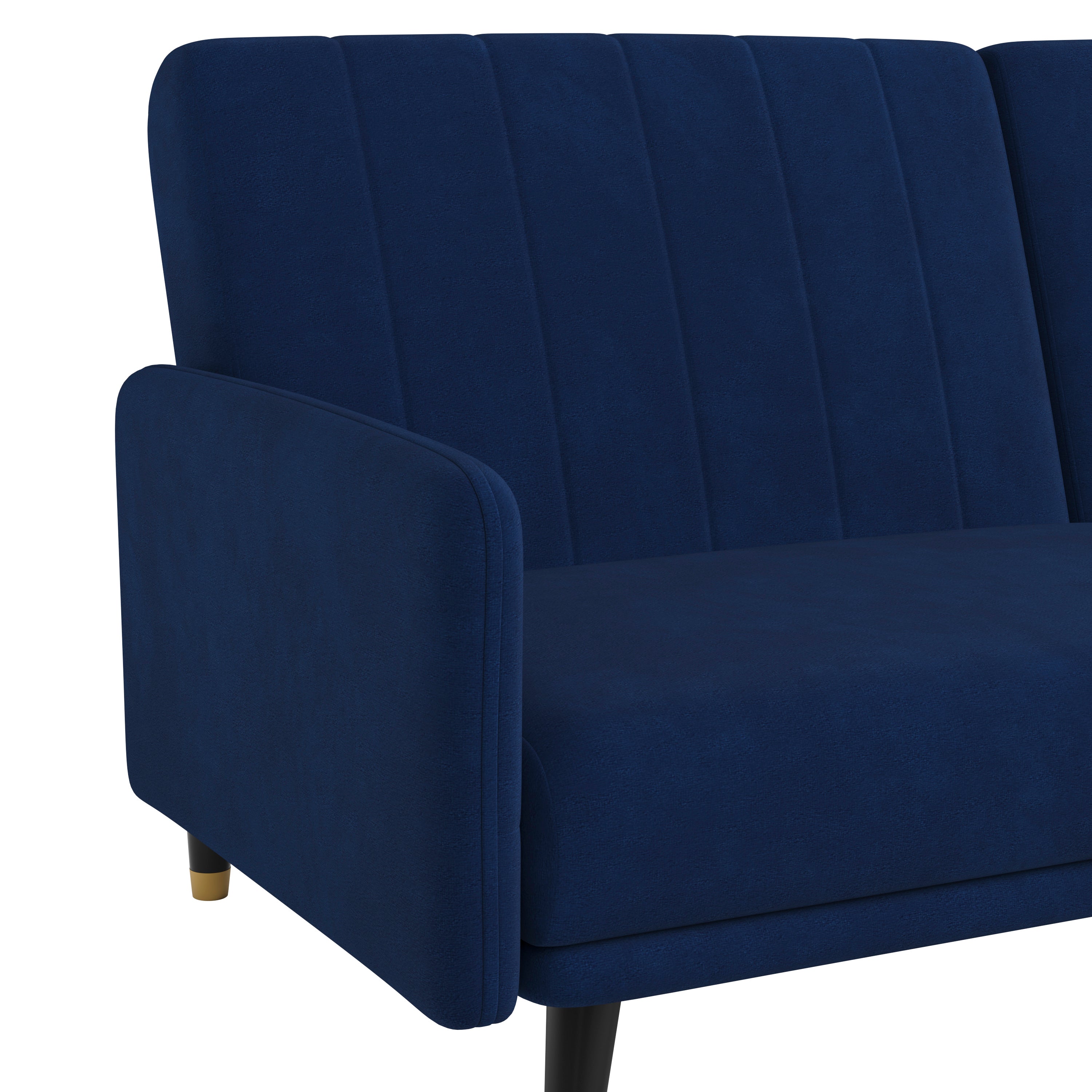 Sophia Premium Split Back Sofa Futon, Convertible Sleeper Couch for Small Spaces in Soft Navy Velvet Upholstery with Solid Wooden Legs