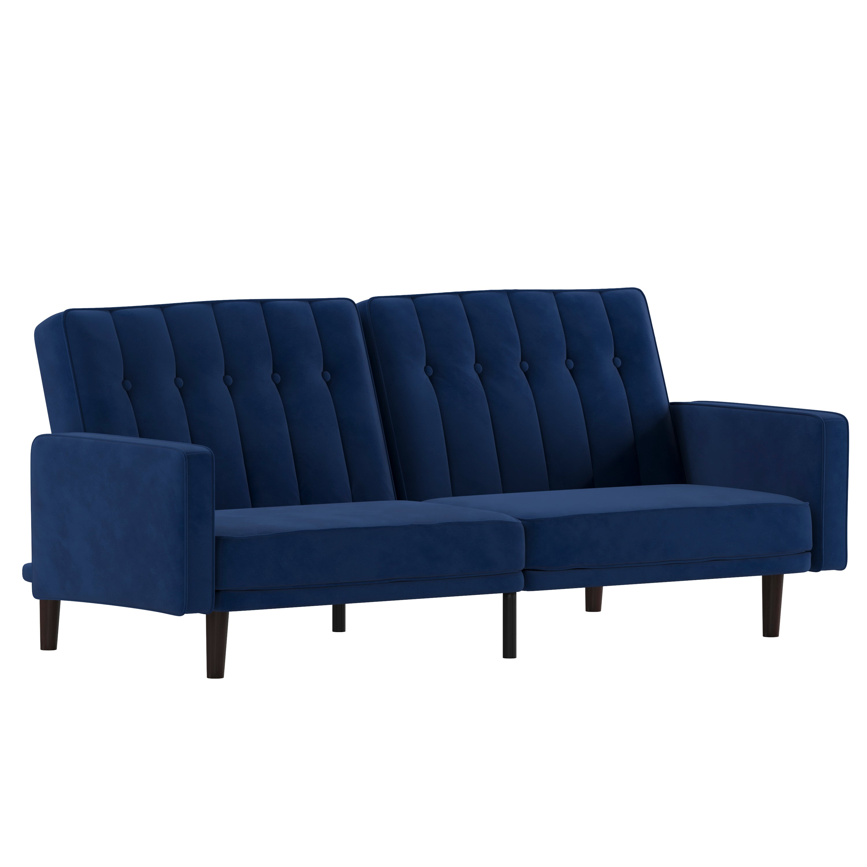 Carter Premium Tufted Split Back Sofa Futon, Convertible Sleeper Couch for Small Spaces in Navy Velvet Upholstery with Solid Wooden Legs
