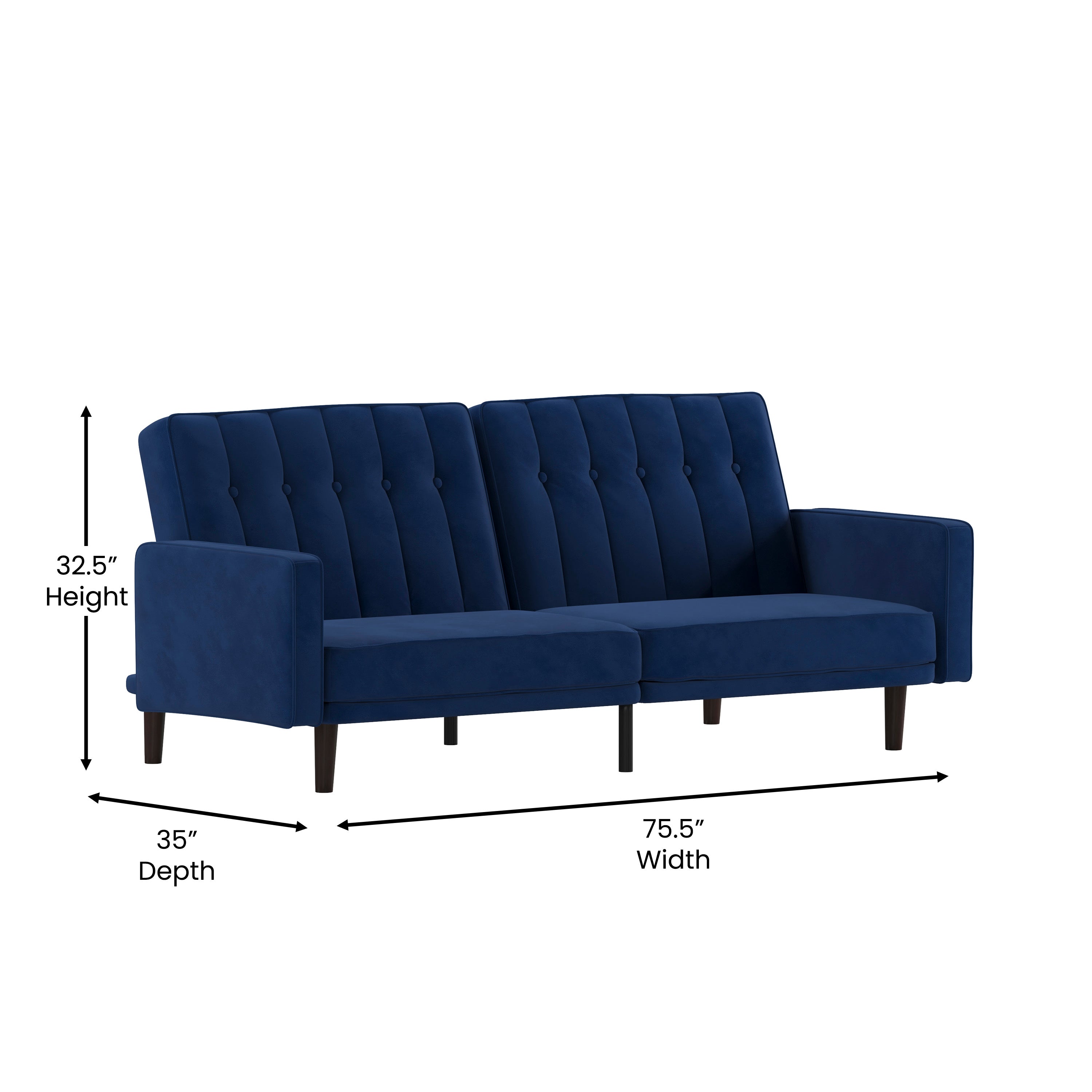 Carter Premium Tufted Split Back Sofa Futon, Convertible Sleeper Couch for Small Spaces in Navy Velvet Upholstery with Solid Wooden Legs