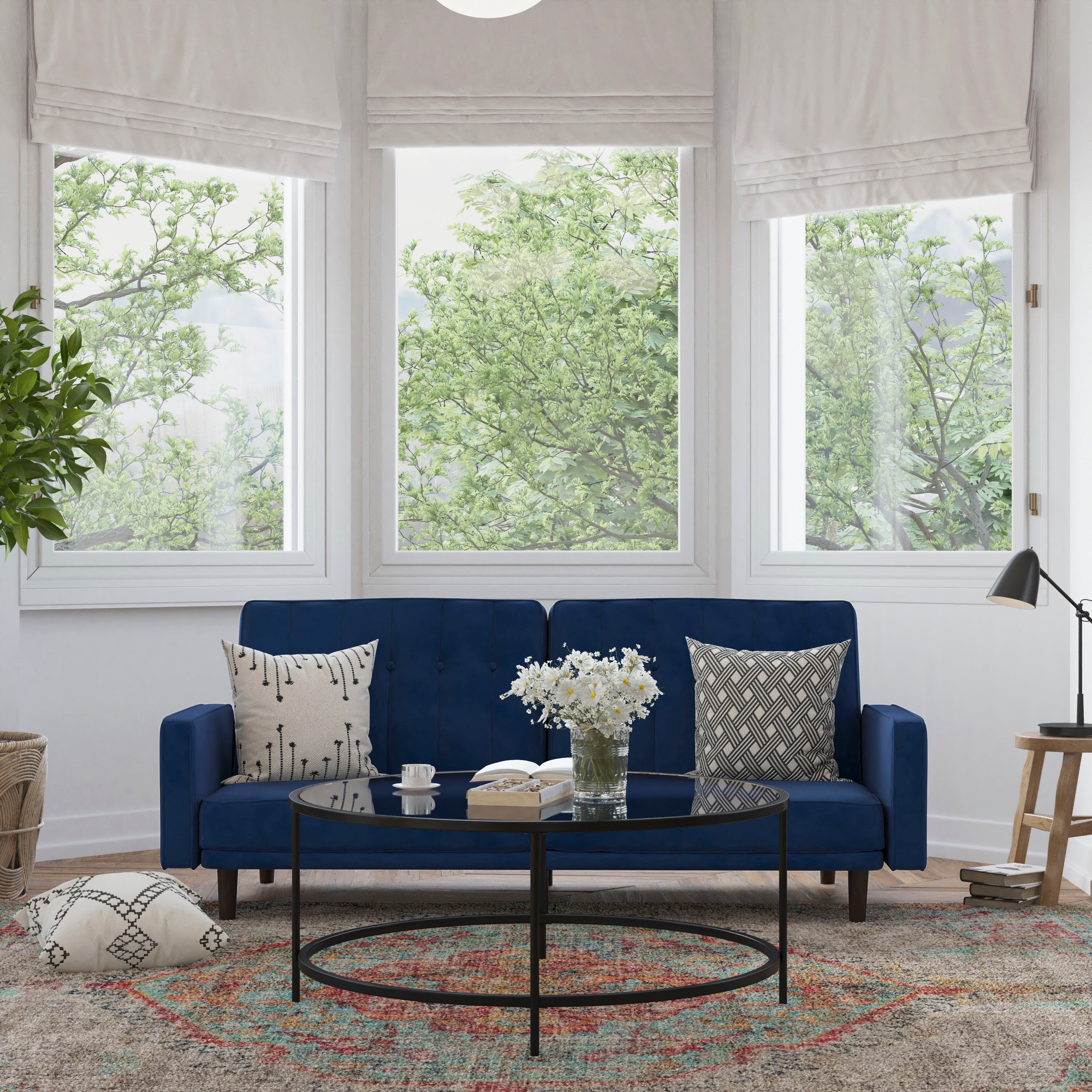 Carter Premium Tufted Split Back Sofa Futon, Convertible Sleeper Couch for Small Spaces in Navy Velvet Upholstery with Solid Wooden Legs