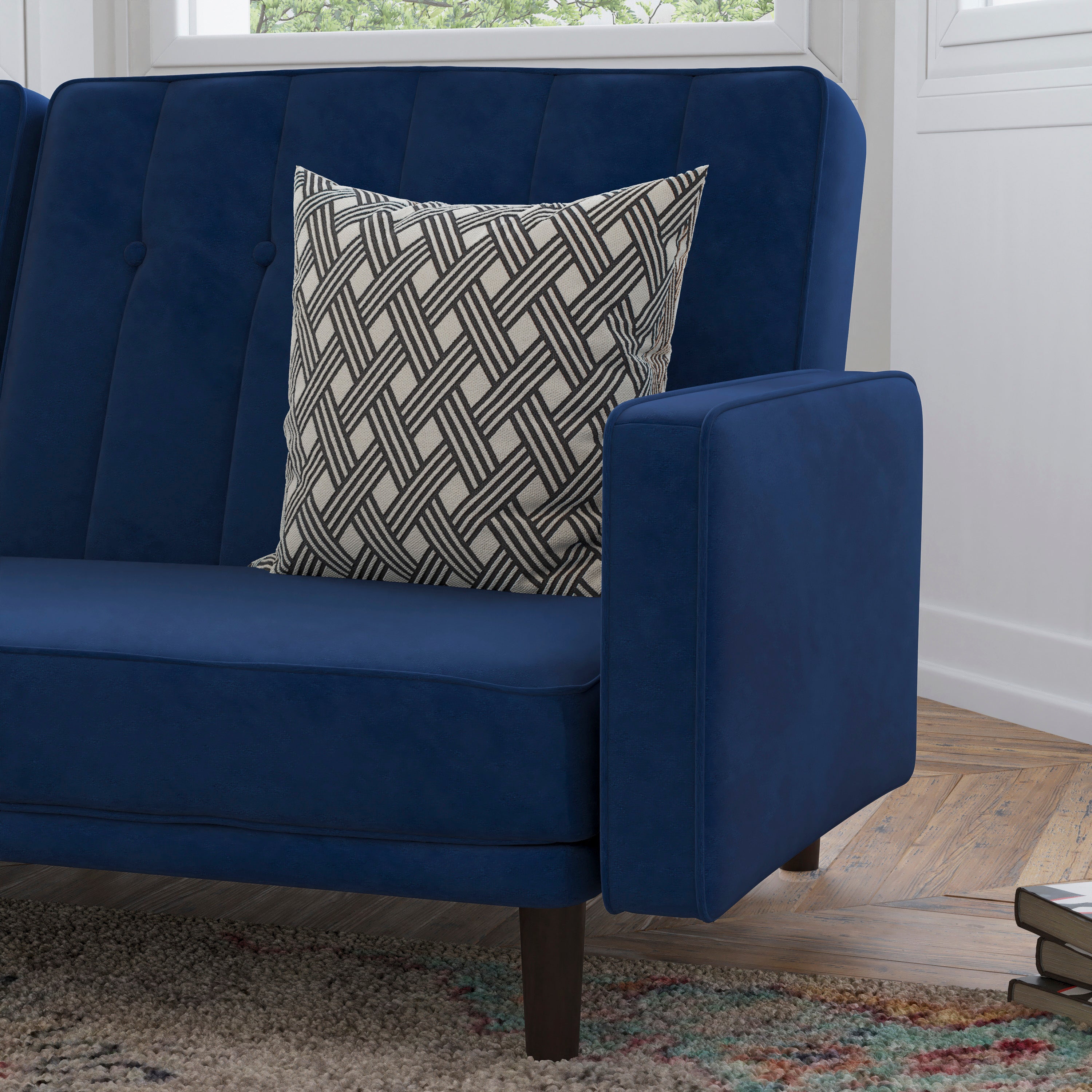 Carter Premium Tufted Split Back Sofa Futon, Convertible Sleeper Couch for Small Spaces in Navy Velvet Upholstery with Solid Wooden Legs