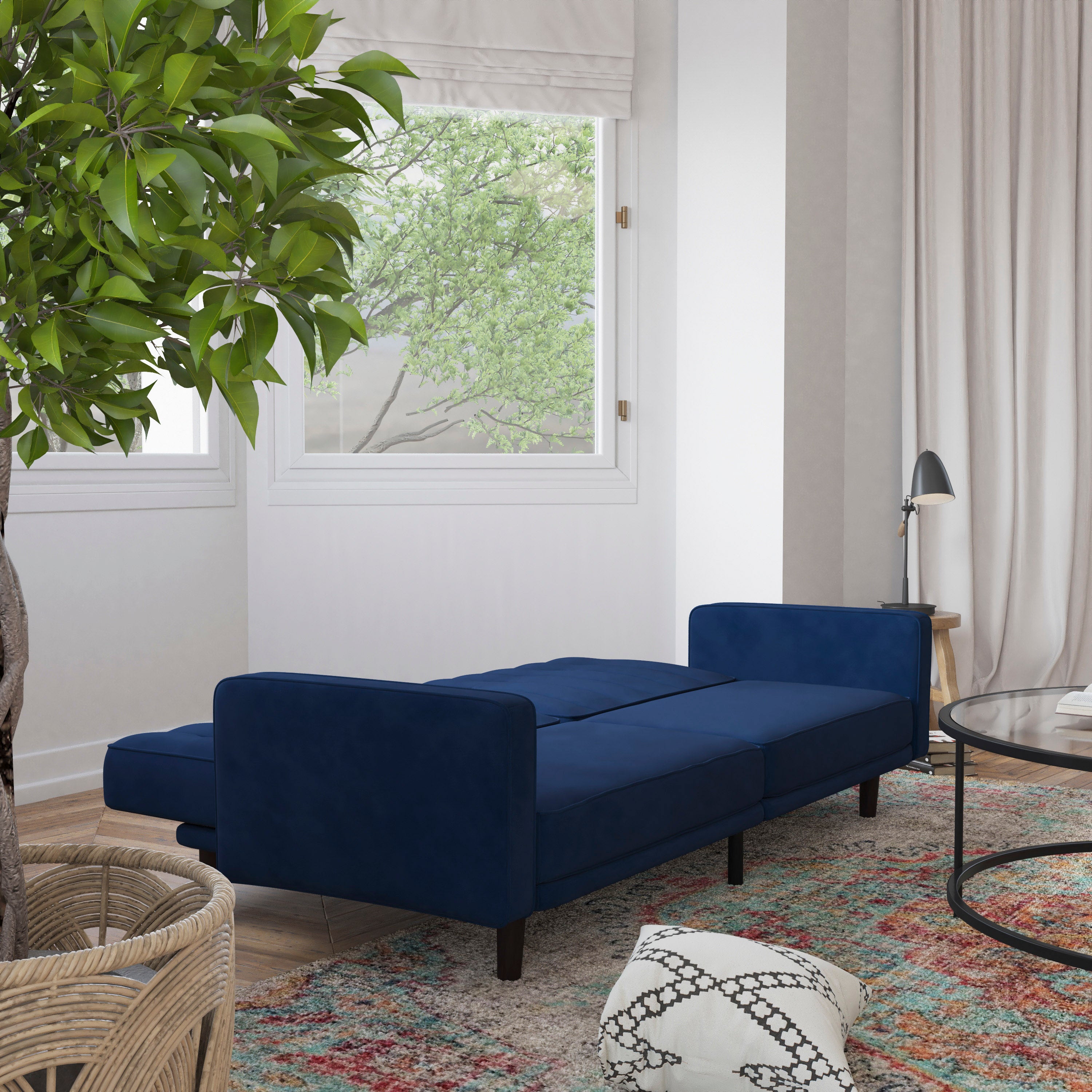 Carter Premium Tufted Split Back Sofa Futon, Convertible Sleeper Couch for Small Spaces in Navy Velvet Upholstery with Solid Wooden Legs