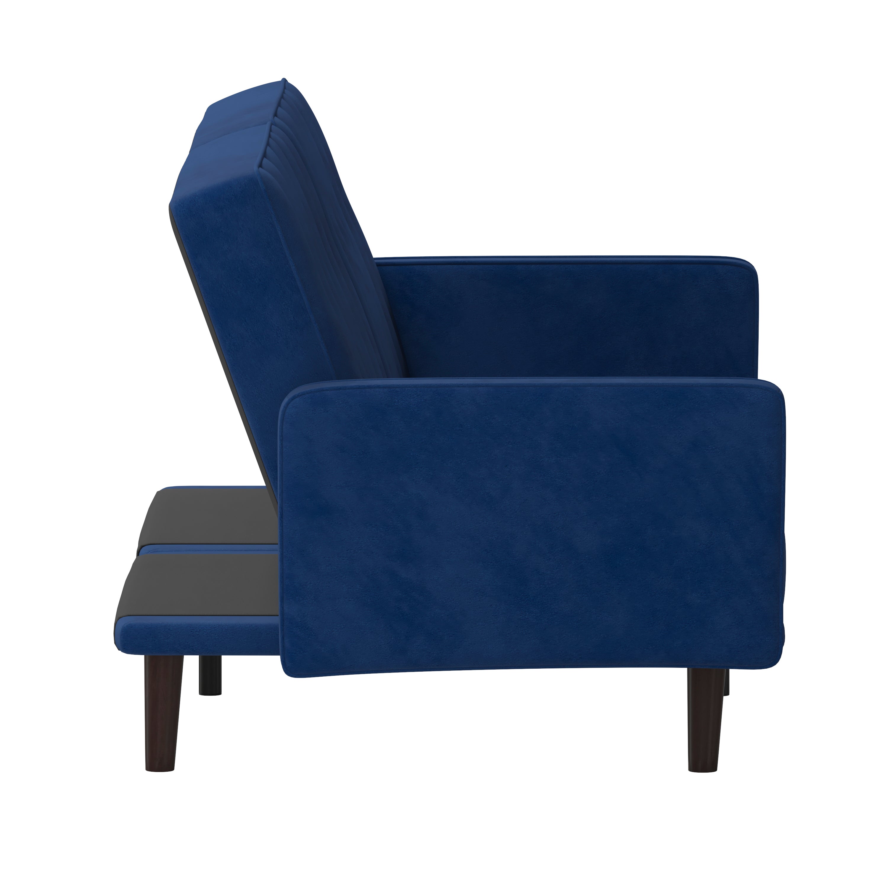 Carter Premium Tufted Split Back Sofa Futon, Convertible Sleeper Couch for Small Spaces in Navy Velvet Upholstery with Solid Wooden Legs