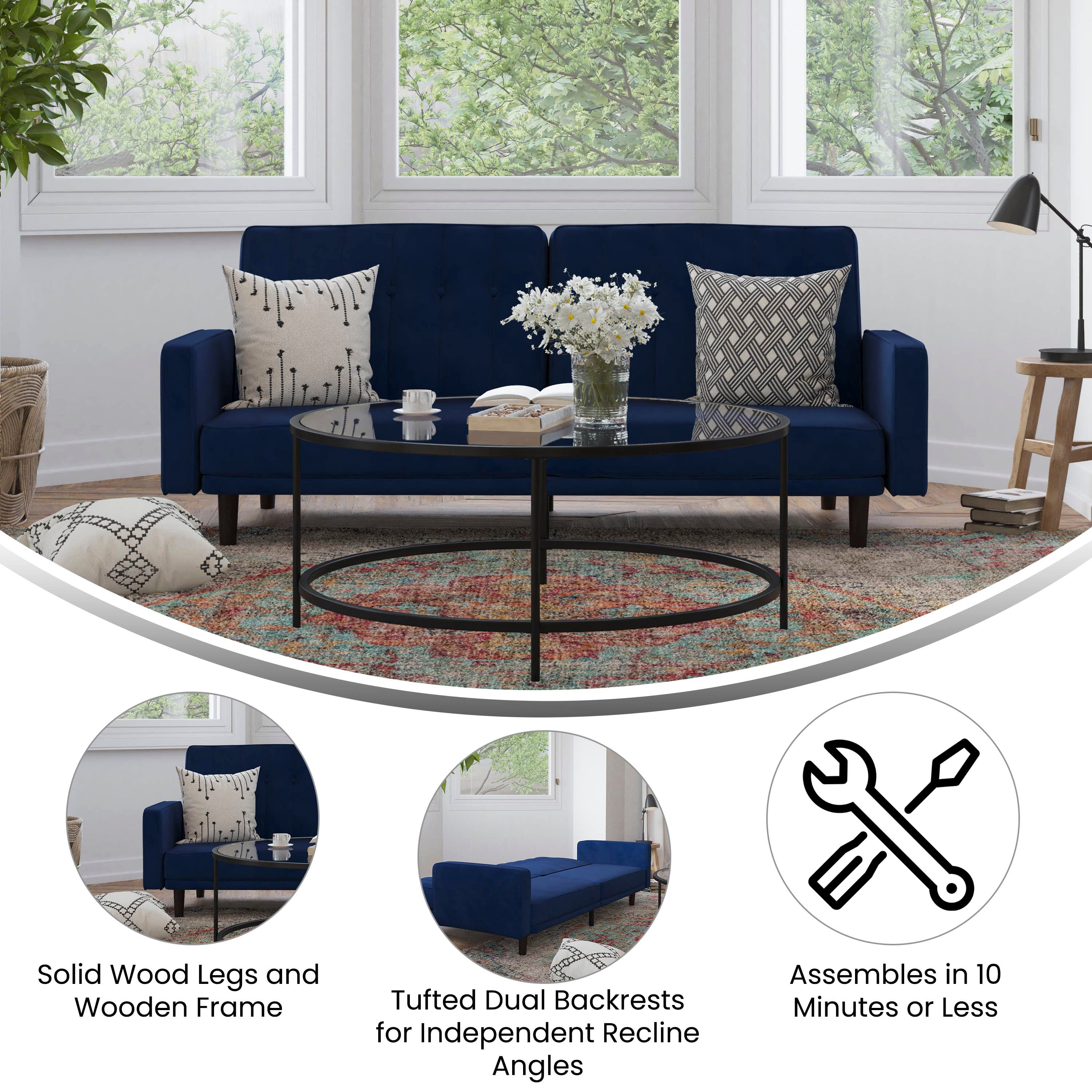 Carter Premium Tufted Split Back Sofa Futon, Convertible Sleeper Couch for Small Spaces in Navy Velvet Upholstery with Solid Wooden Legs