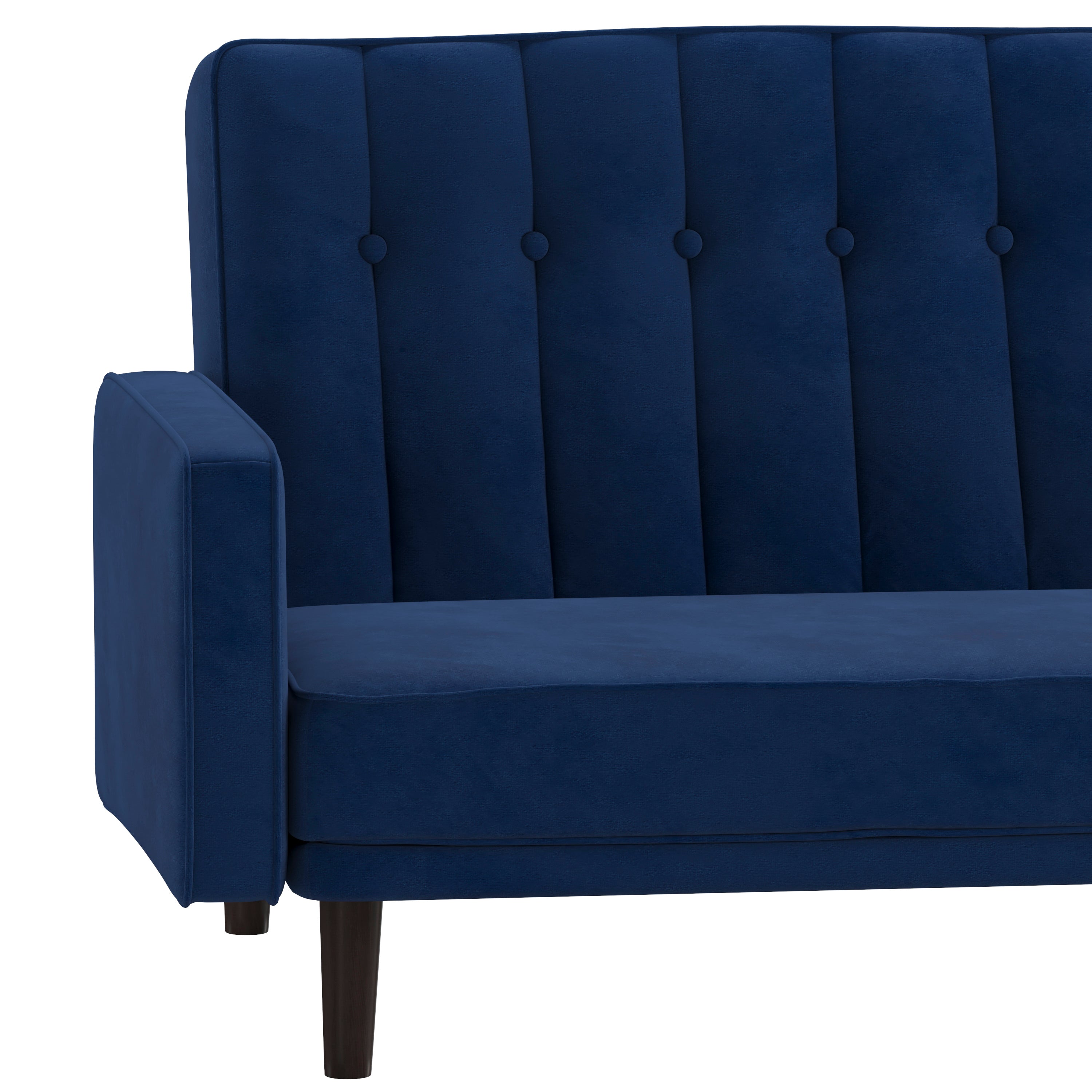 Carter Premium Tufted Split Back Sofa Futon, Convertible Sleeper Couch for Small Spaces in Navy Velvet Upholstery with Solid Wooden Legs