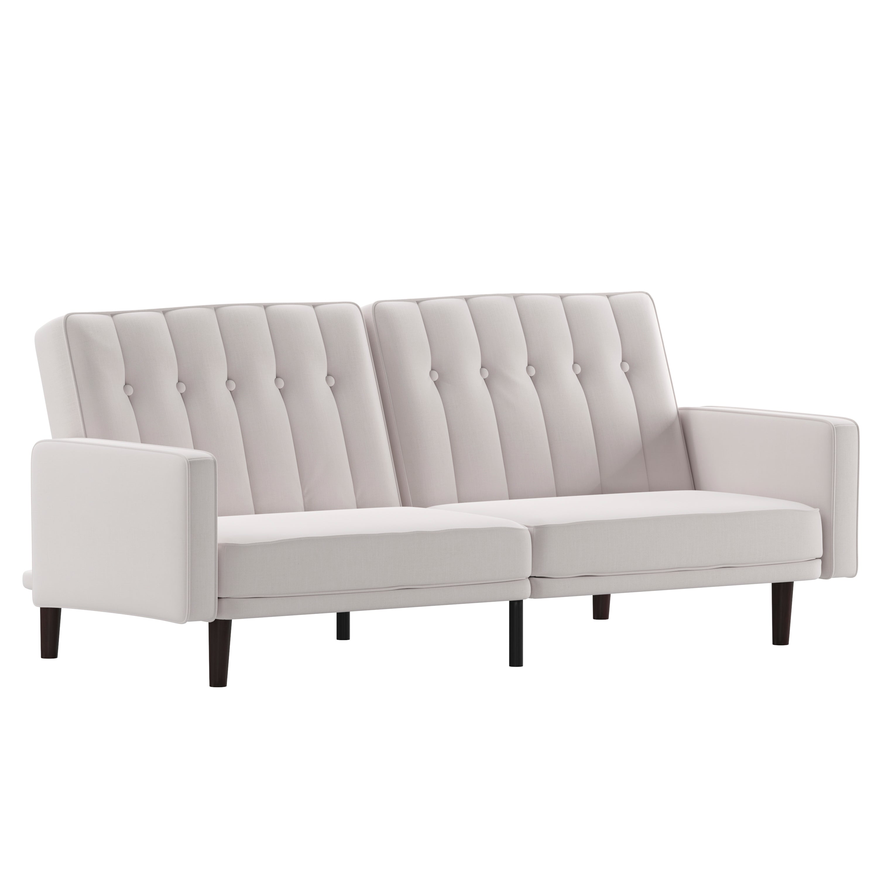 Carter Premium Tufted Split Back Sofa Futon, Convertible Sleeper Couch for Small Spaces in Stone Faux Linen Upholstery with Solid Wooden Legs
