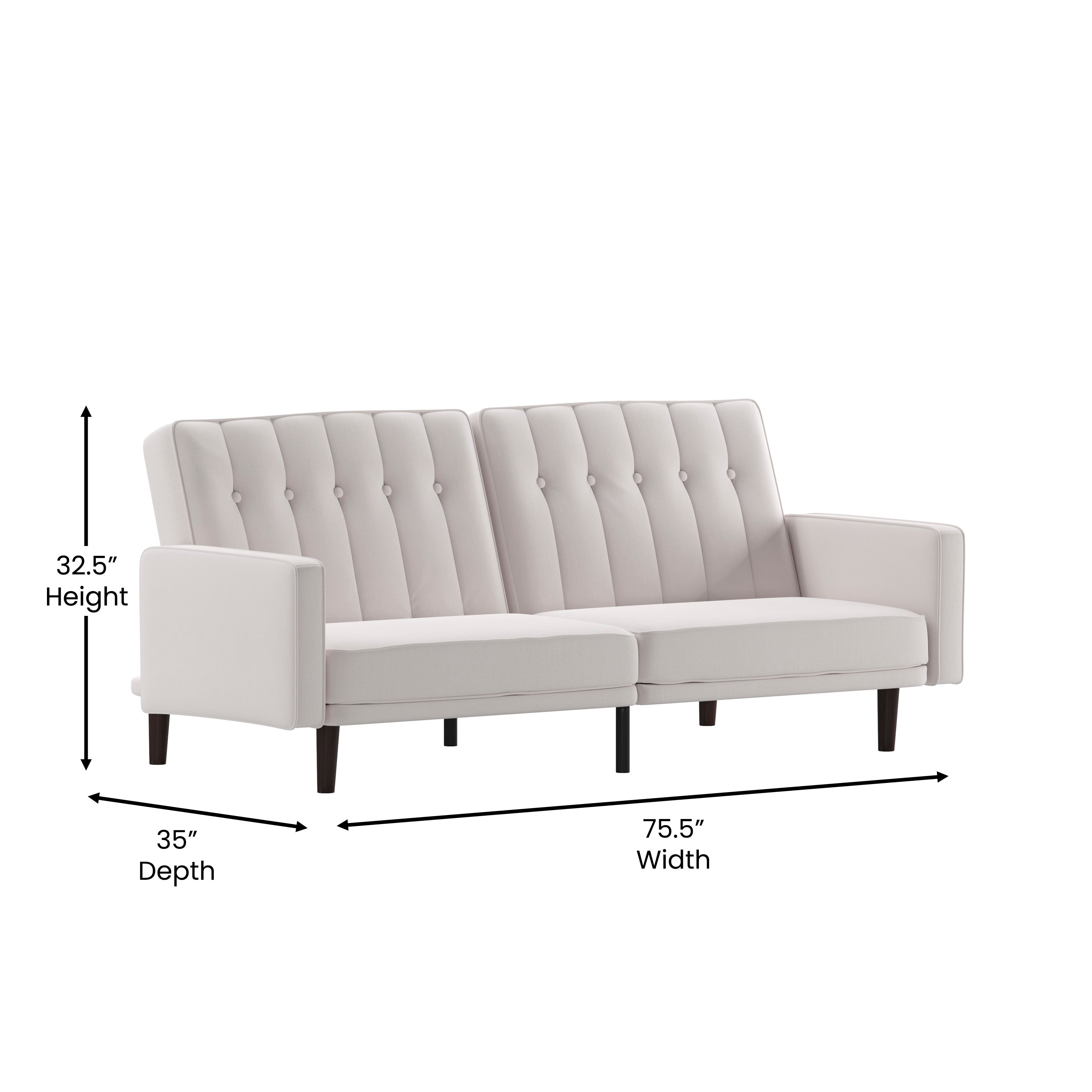 Carter Premium Tufted Split Back Sofa Futon, Convertible Sleeper Couch for Small Spaces in Stone Faux Linen Upholstery with Solid Wooden Legs