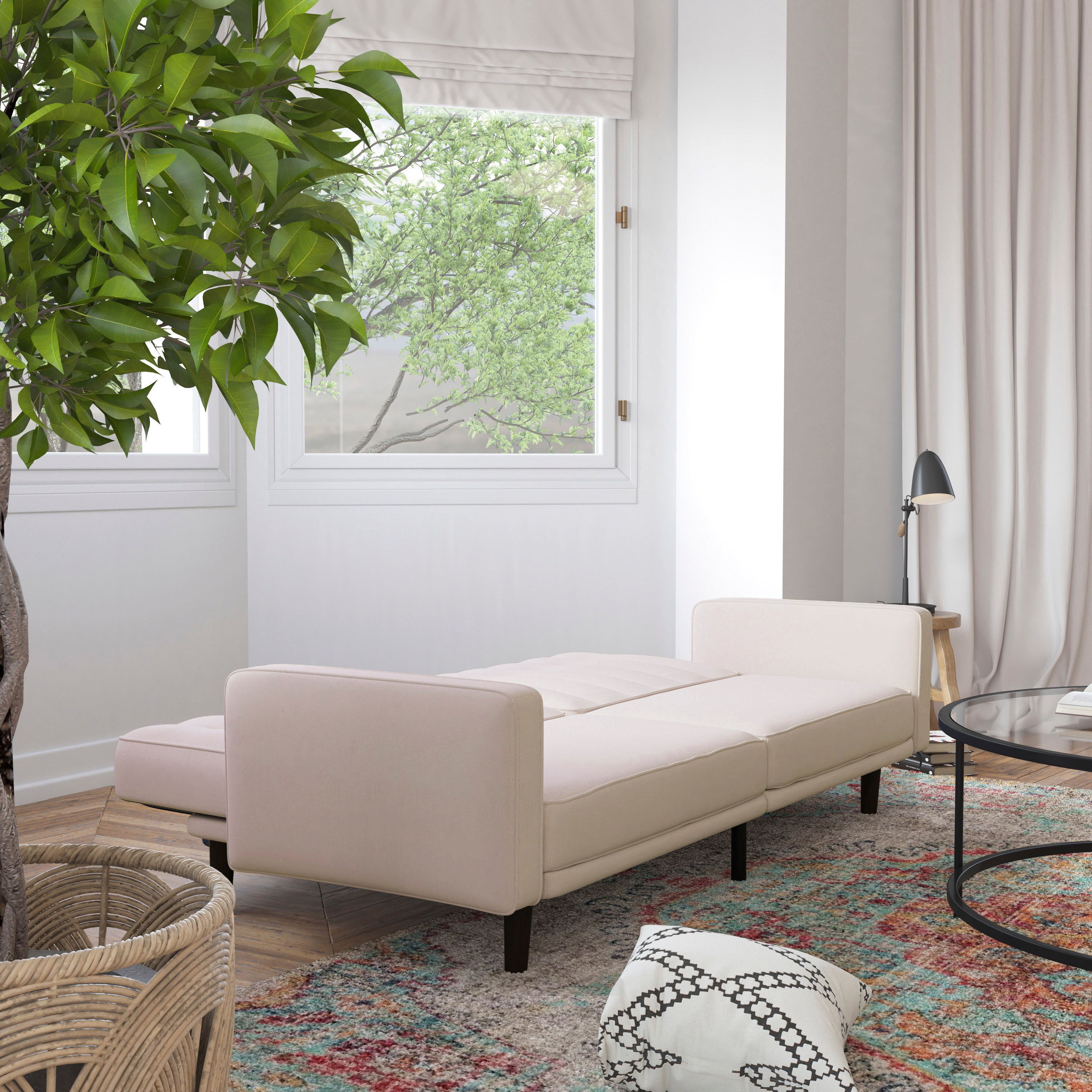 Carter Premium Tufted Split Back Sofa Futon, Convertible Sleeper Couch for Small Spaces in Stone Faux Linen Upholstery with Solid Wooden Legs