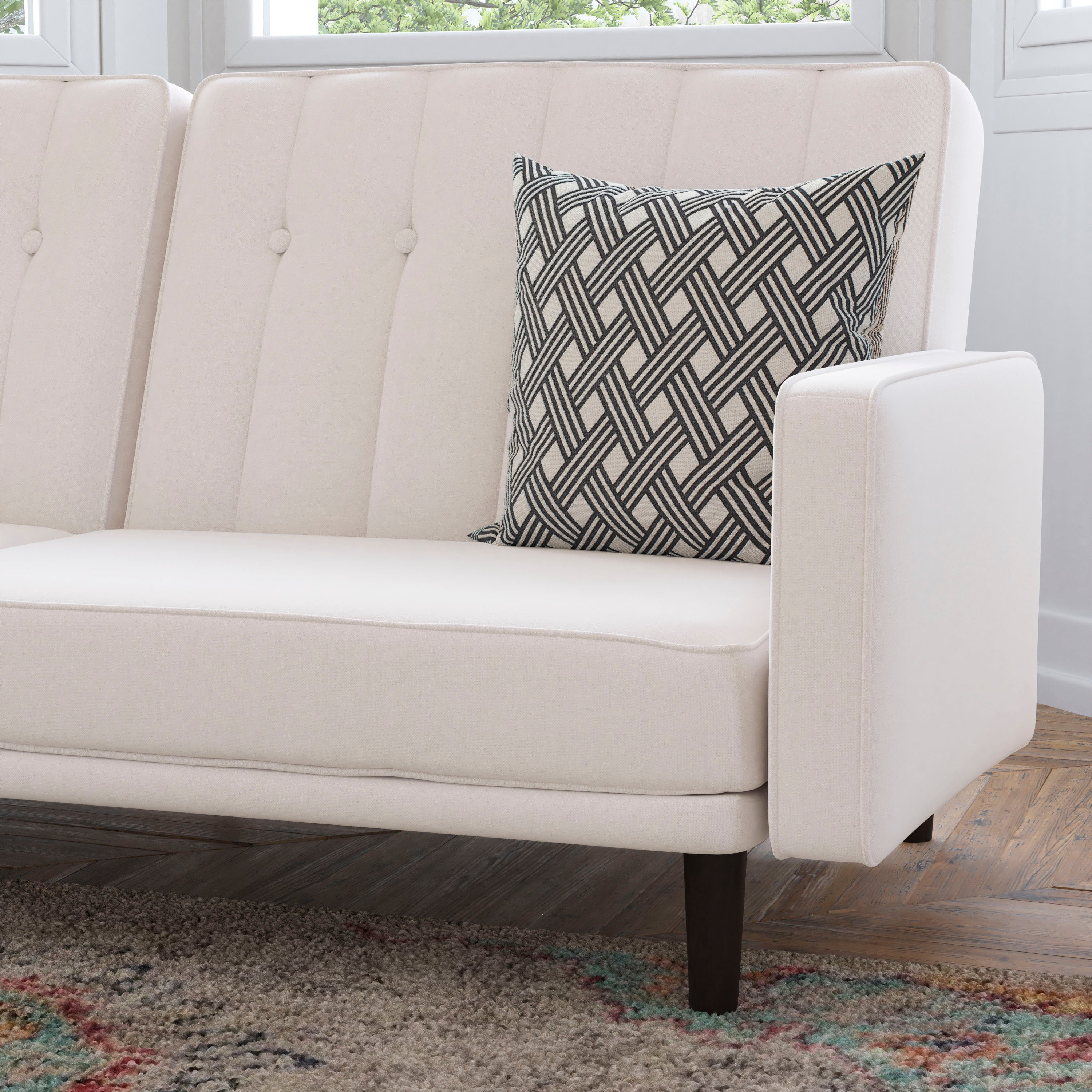Carter Premium Tufted Split Back Sofa Futon, Convertible Sleeper Couch for Small Spaces in Stone Faux Linen Upholstery with Solid Wooden Legs