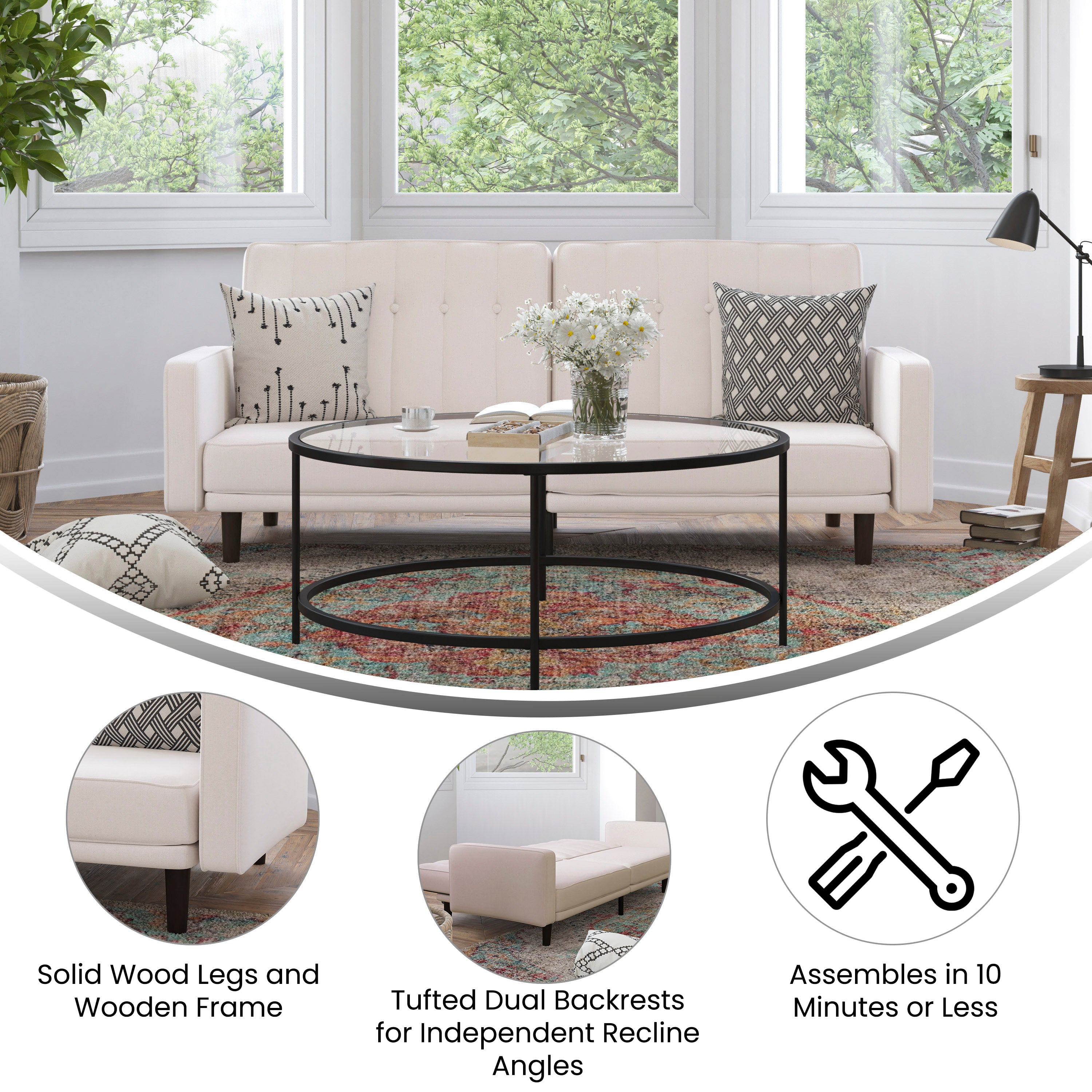 Carter Premium Tufted Split Back Sofa Futon, Convertible Sleeper Couch for Small Spaces in Stone Faux Linen Upholstery with Solid Wooden Legs
