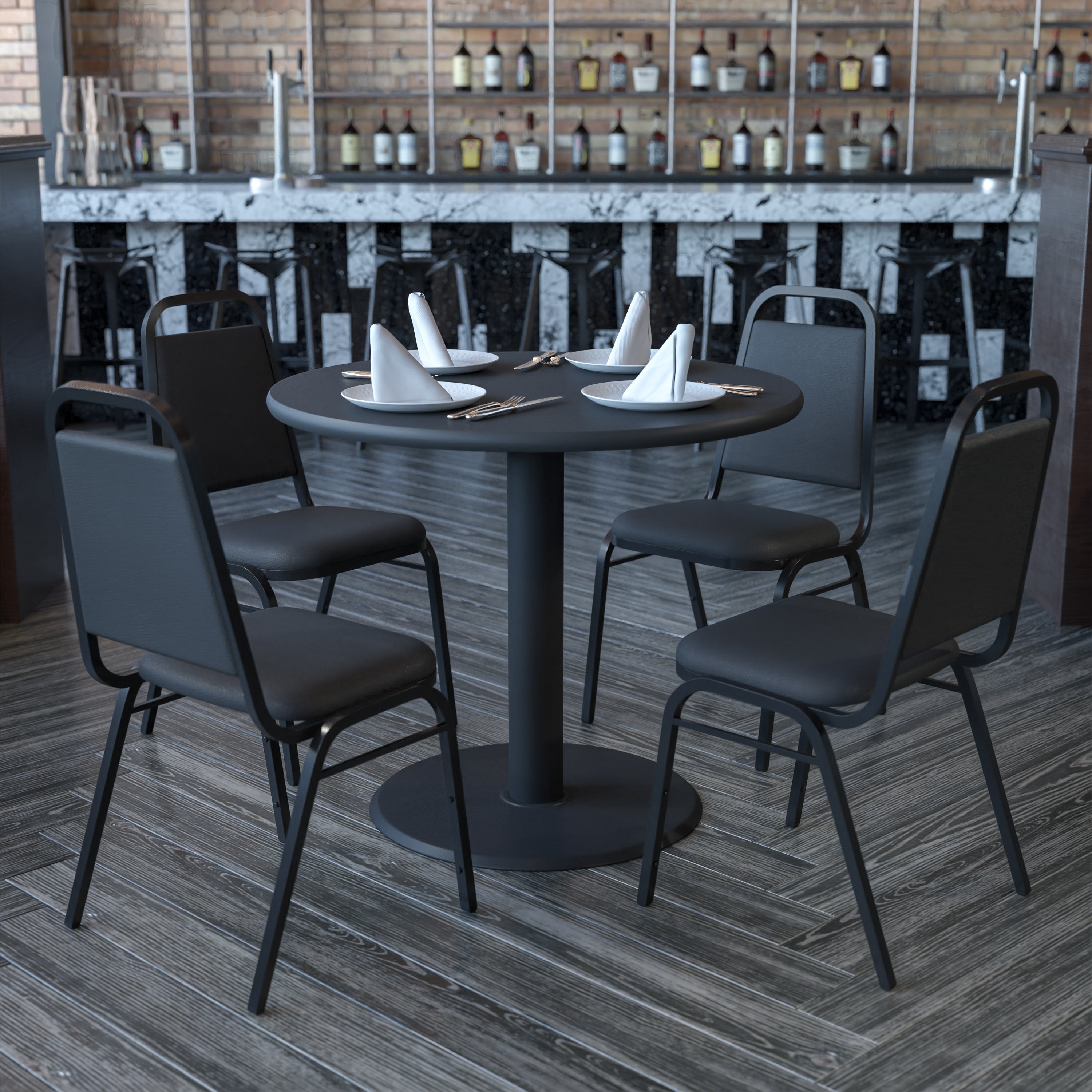 Carlton 36'' Round Black Laminate Table Set with X-Base and 4 Black Trapezoidal Back Banquet Chairs