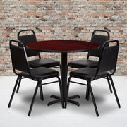 Carlton 36'' Round Mahogany Laminate Table Set with X-Base and 4 Black Trapezoidal Back Banquet Chairs
