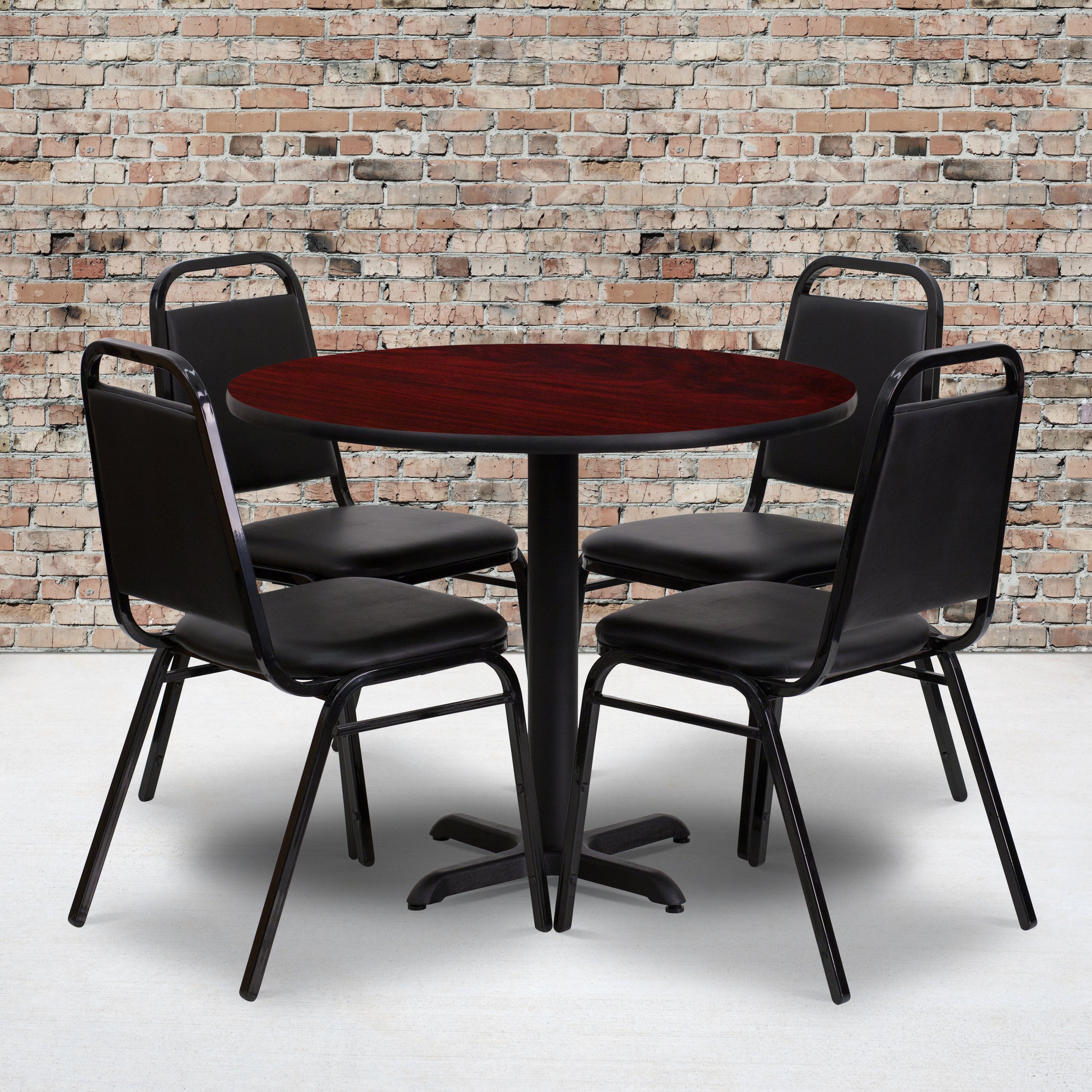 Carlton 36'' Round Mahogany Laminate Table Set with X-Base and 4 Black Trapezoidal Back Banquet Chairs