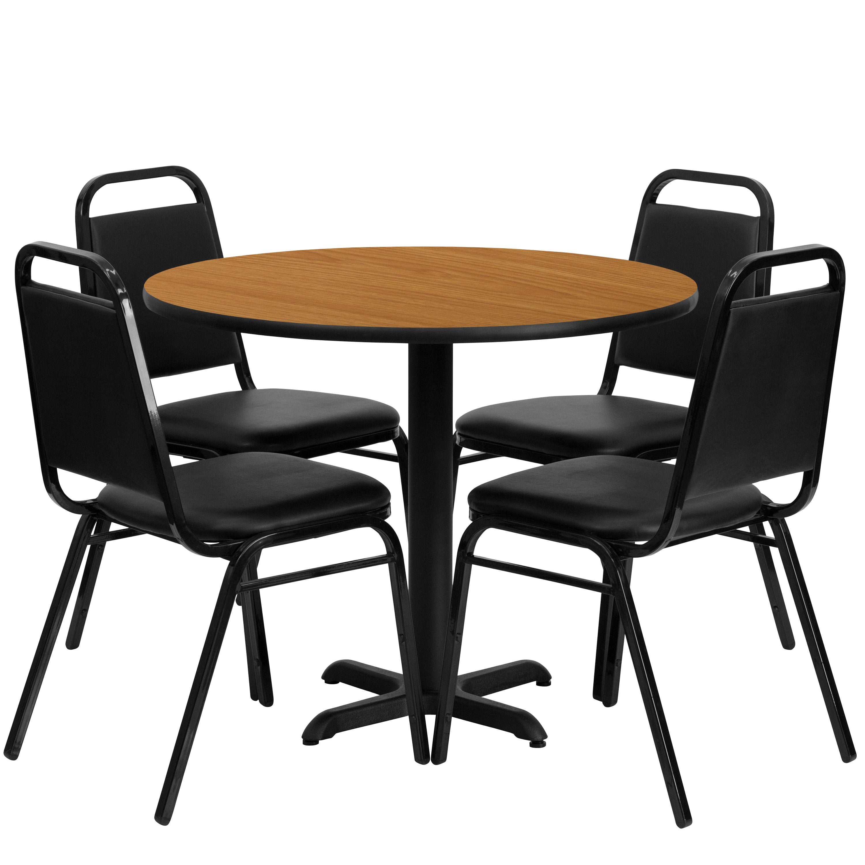 Carlton 36'' Round Natural Laminate Table Set with X-Base and 4 Black Trapezoidal Back Banquet Chairs