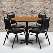 Carlton 36'' Round Natural Laminate Table Set with X-Base and 4 Black Trapezoidal Back Banquet Chairs