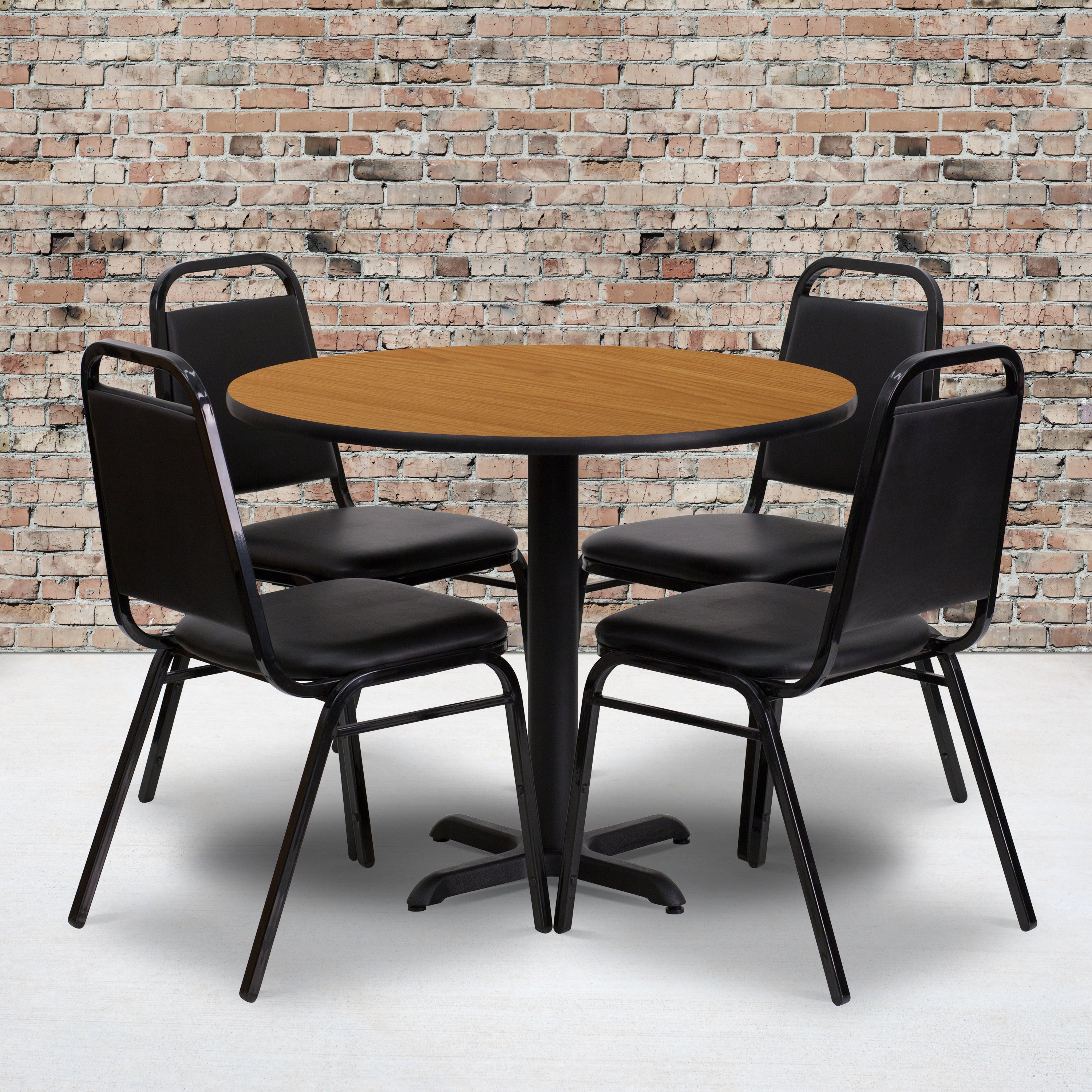 Carlton 36'' Round Natural Laminate Table Set with X-Base and 4 Black Trapezoidal Back Banquet Chairs