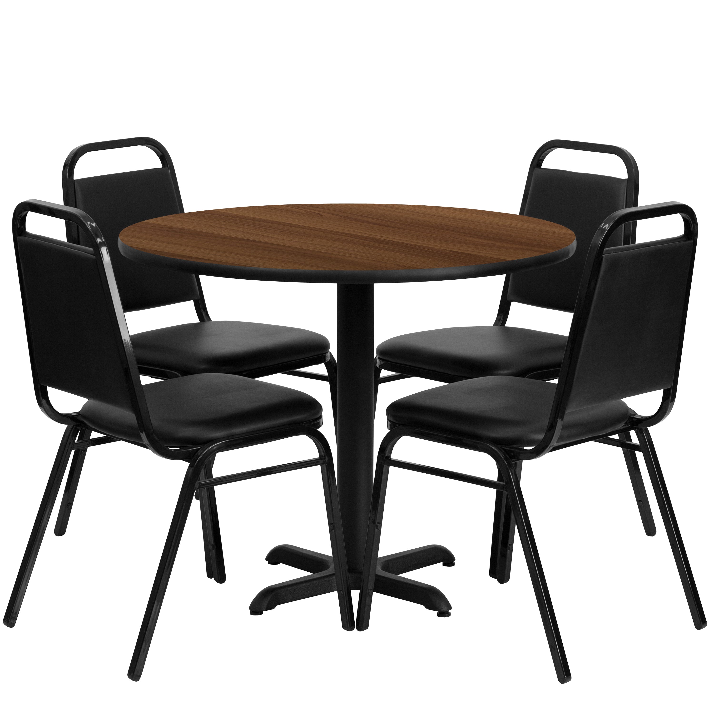 Carlton 36'' Round Walnut Laminate Table Set with X-Base and 4 Black Trapezoidal Back Banquet Chairs
