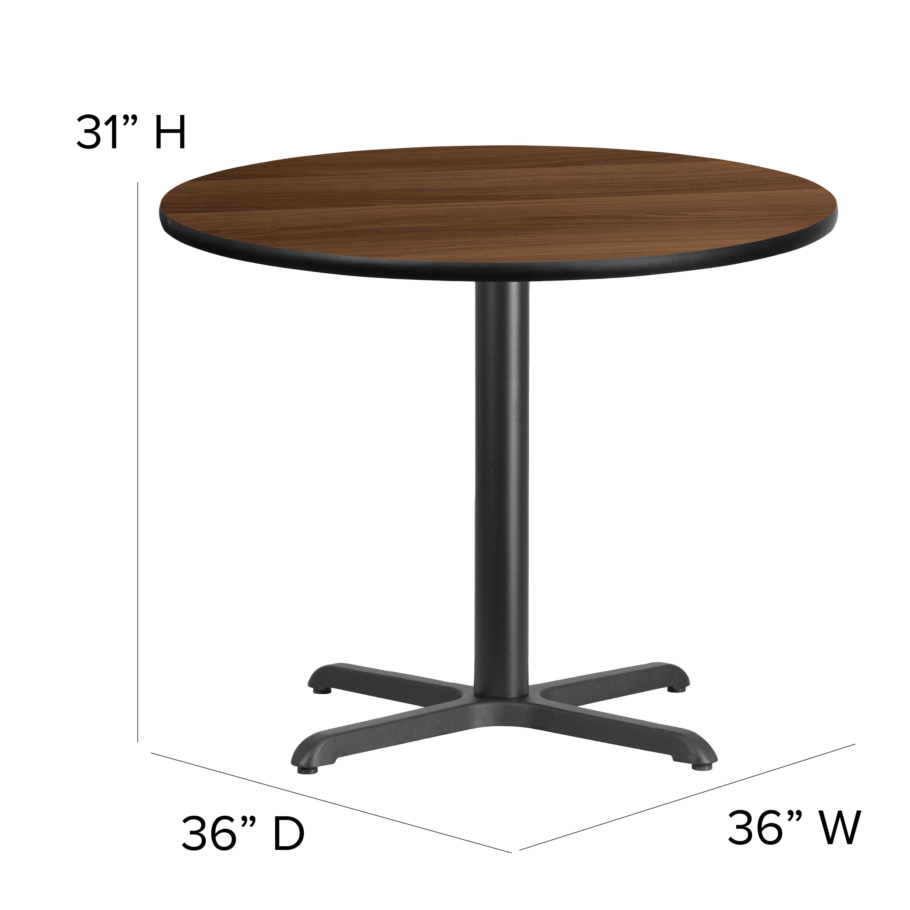 Carlton 36'' Round Walnut Laminate Table Set with X-Base and 4 Black Trapezoidal Back Banquet Chairs