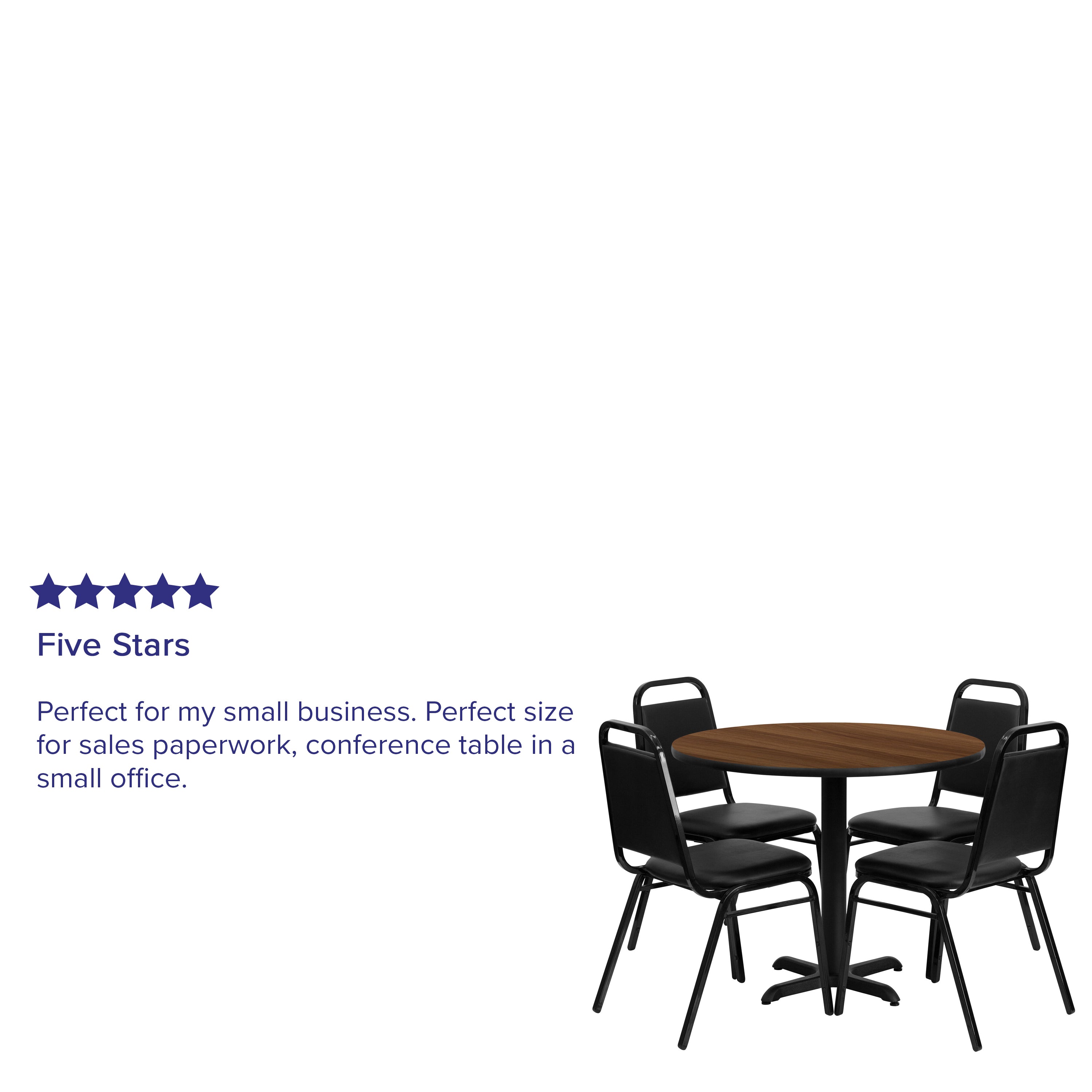 Carlton 36'' Round Walnut Laminate Table Set with X-Base and 4 Black Trapezoidal Back Banquet Chairs