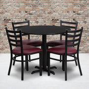 Carlton 36'' Round Black Laminate Table Set with X-Base and 4 Ladder Back Metal Chairs - Burgundy Vinyl Seat