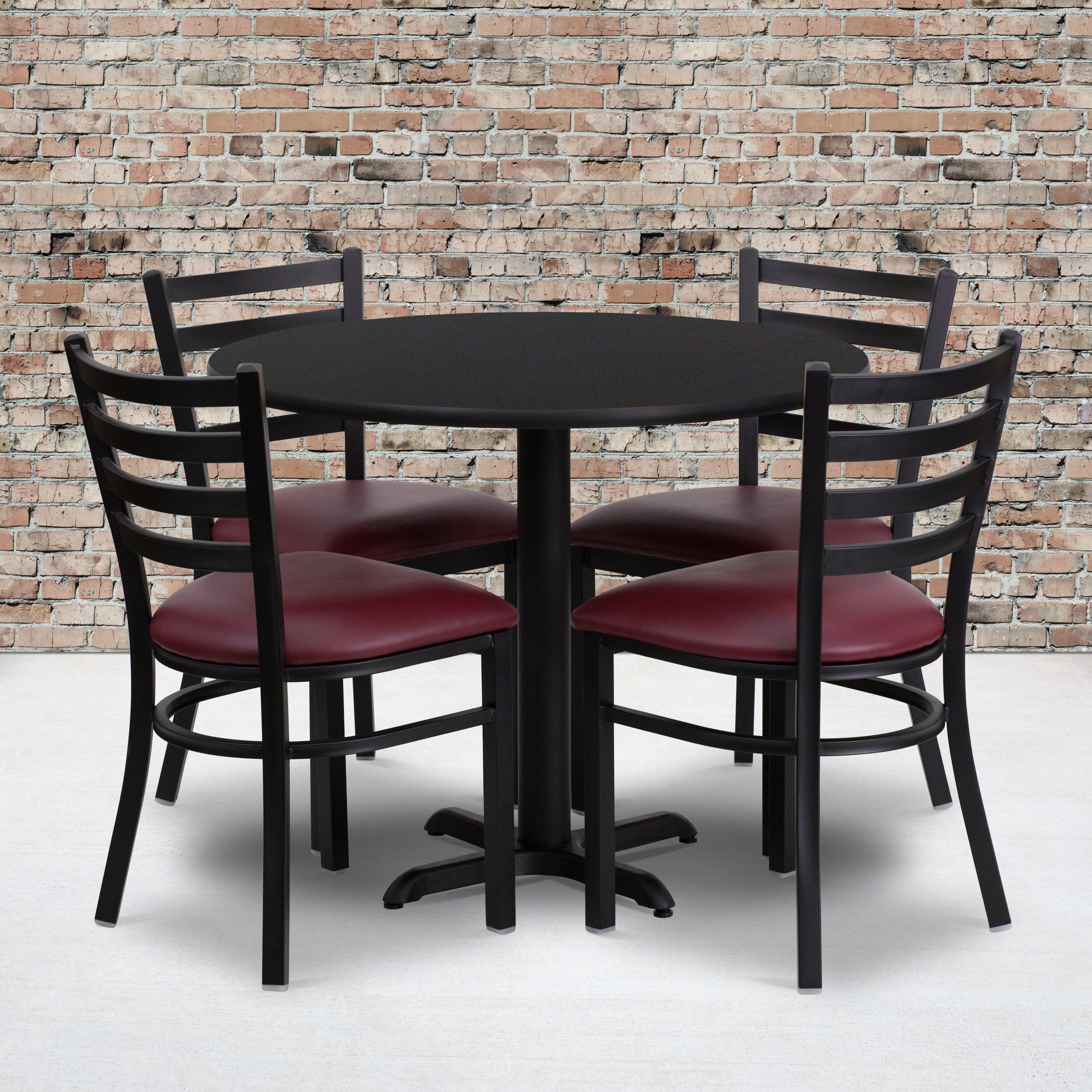 Carlton 36'' Round Black Laminate Table Set with X-Base and 4 Ladder Back Metal Chairs - Burgundy Vinyl Seat