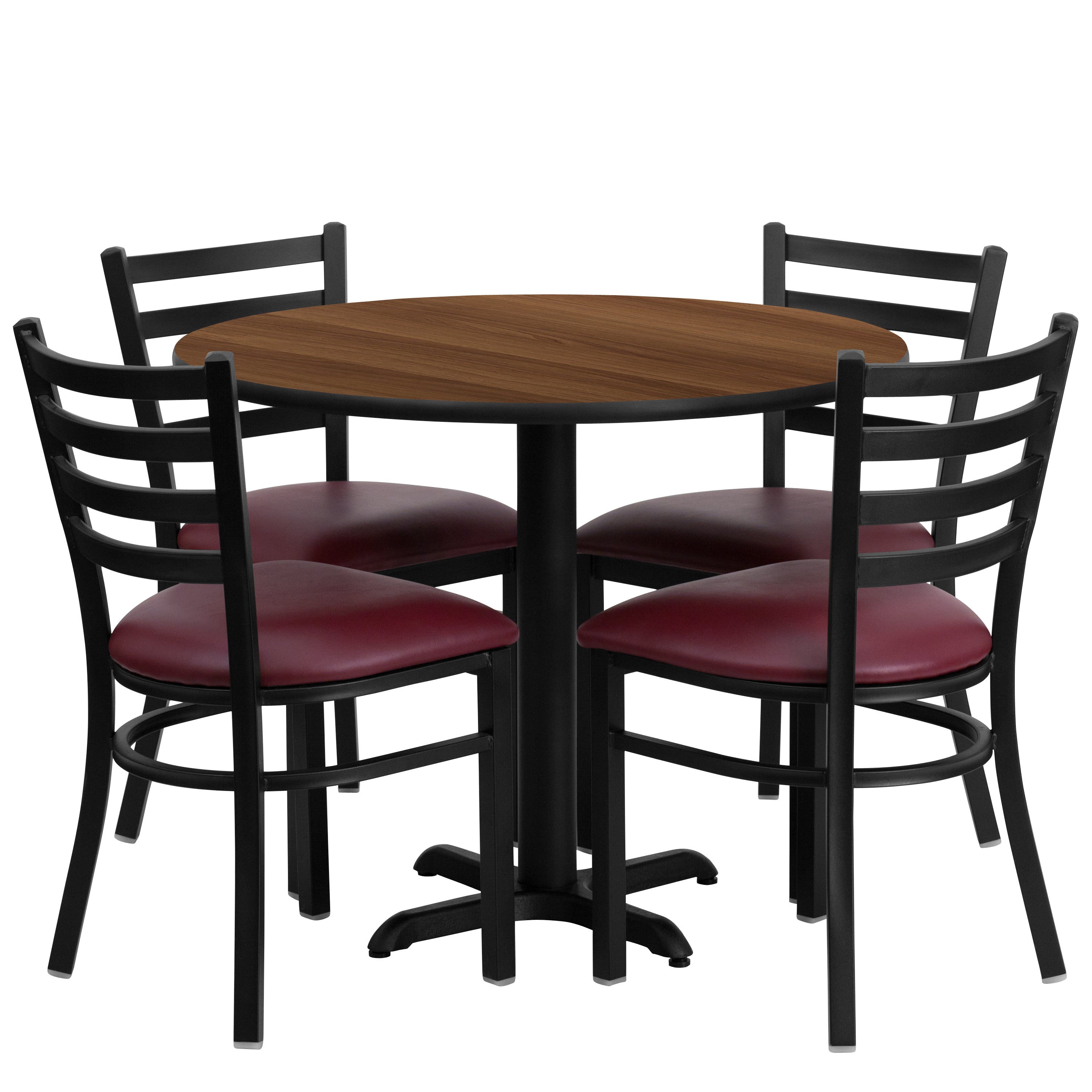 Carlton 36'' Round Walnut Laminate Table Set with X-Base and 4 Ladder Back Metal Chairs - Burgundy Vinyl Seat