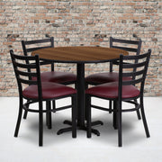 Carlton 36'' Round Walnut Laminate Table Set with X-Base and 4 Ladder Back Metal Chairs - Burgundy Vinyl Seat
