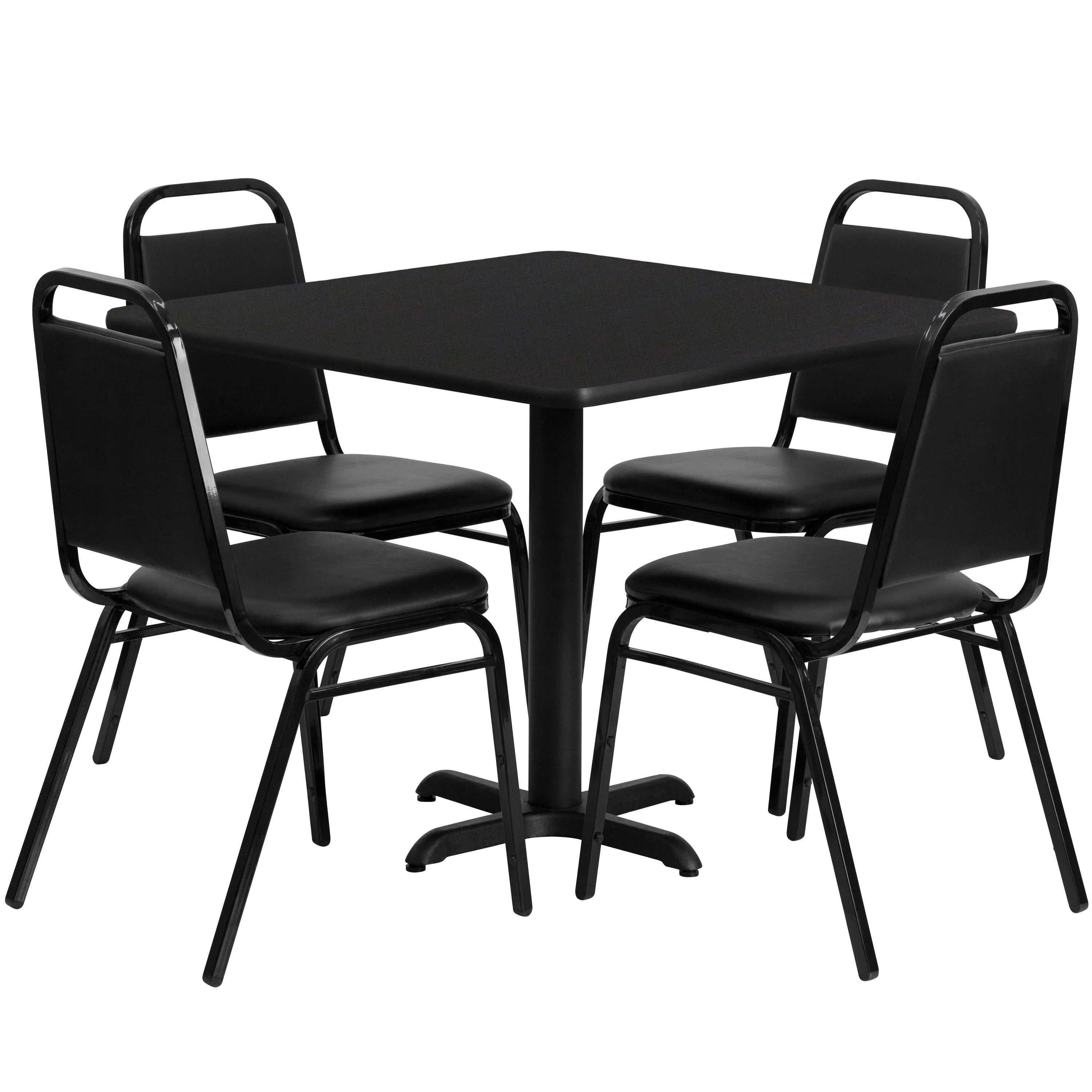 Carlton 36'' Square Black Laminate Table Set with X-Base and 4 Black Trapezoidal Back Banquet Chairs