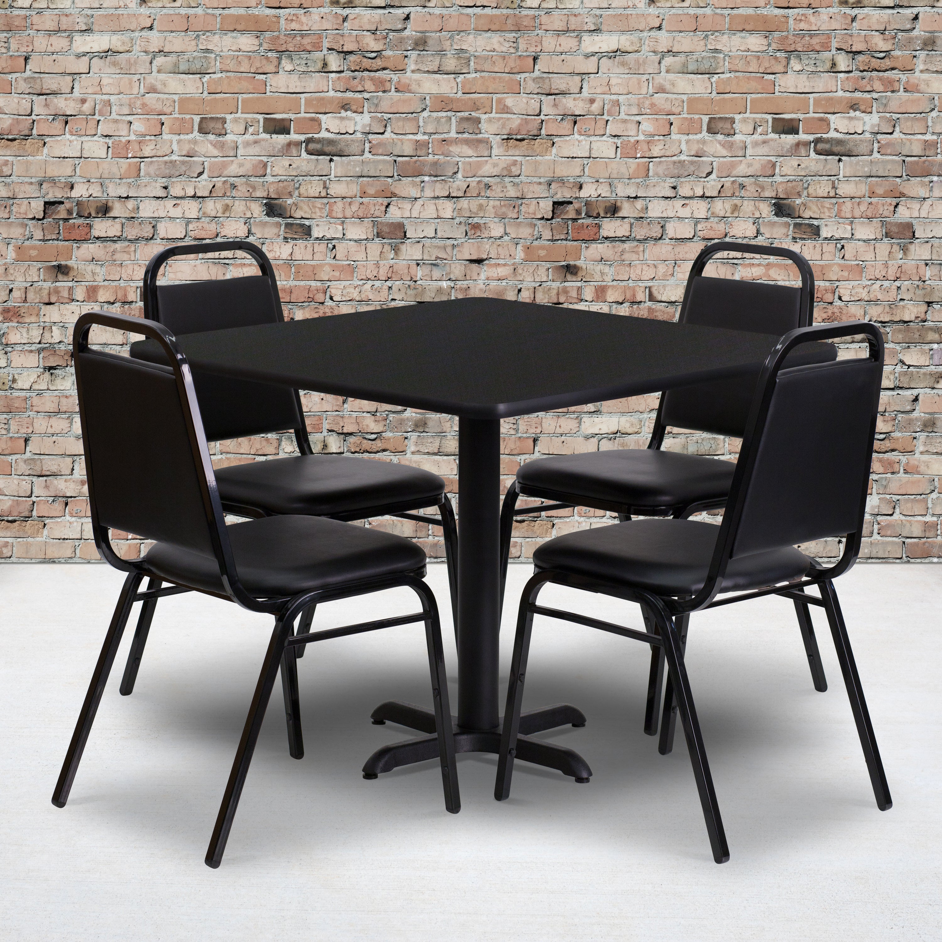 Carlton 36'' Square Black Laminate Table Set with X-Base and 4 Black Trapezoidal Back Banquet Chairs