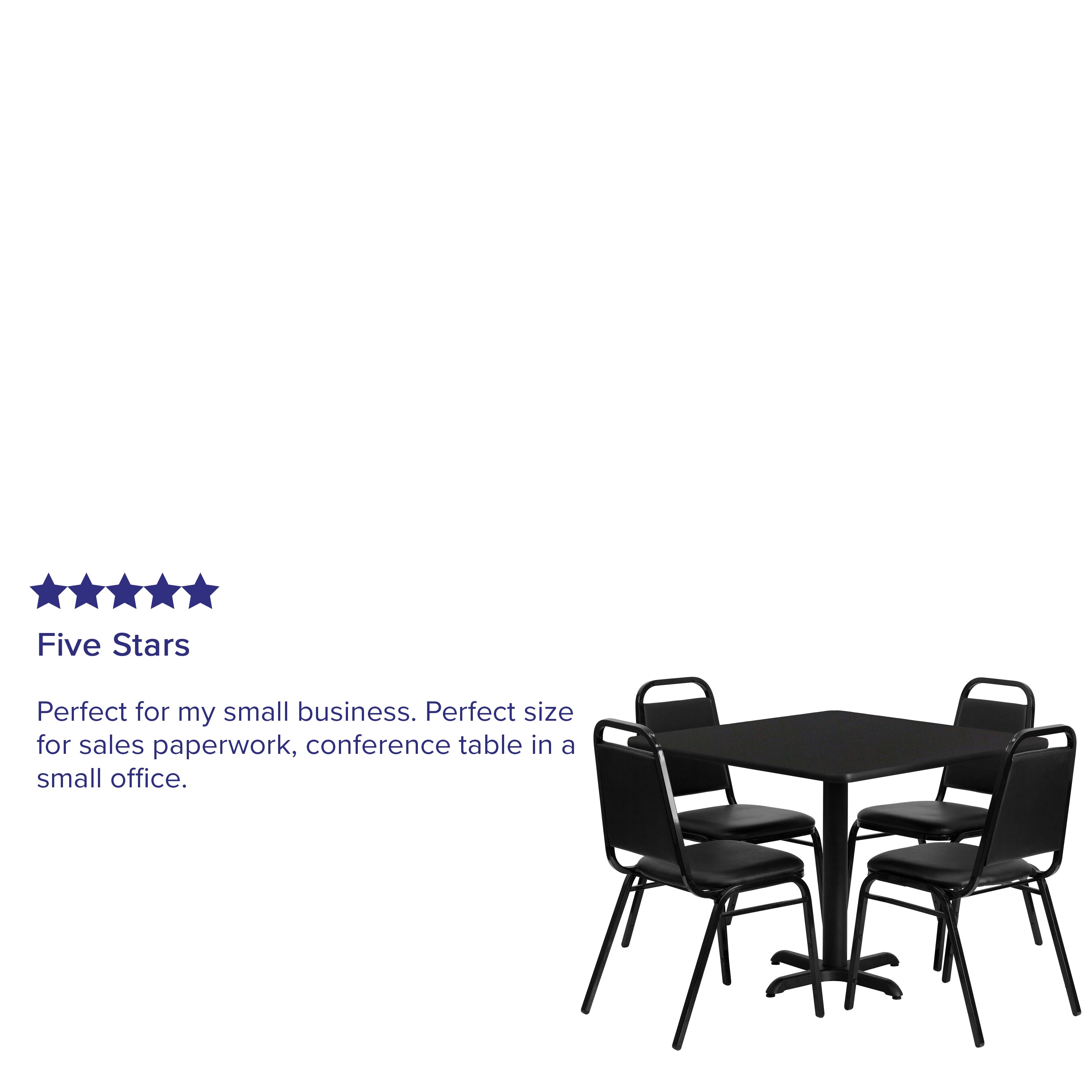 Carlton 36'' Square Black Laminate Table Set with X-Base and 4 Black Trapezoidal Back Banquet Chairs