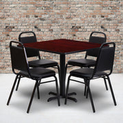 Carlton 36'' Square Mahogany Laminate Table Set with X-Base and 4 Black Trapezoidal Back Banquet Chairs