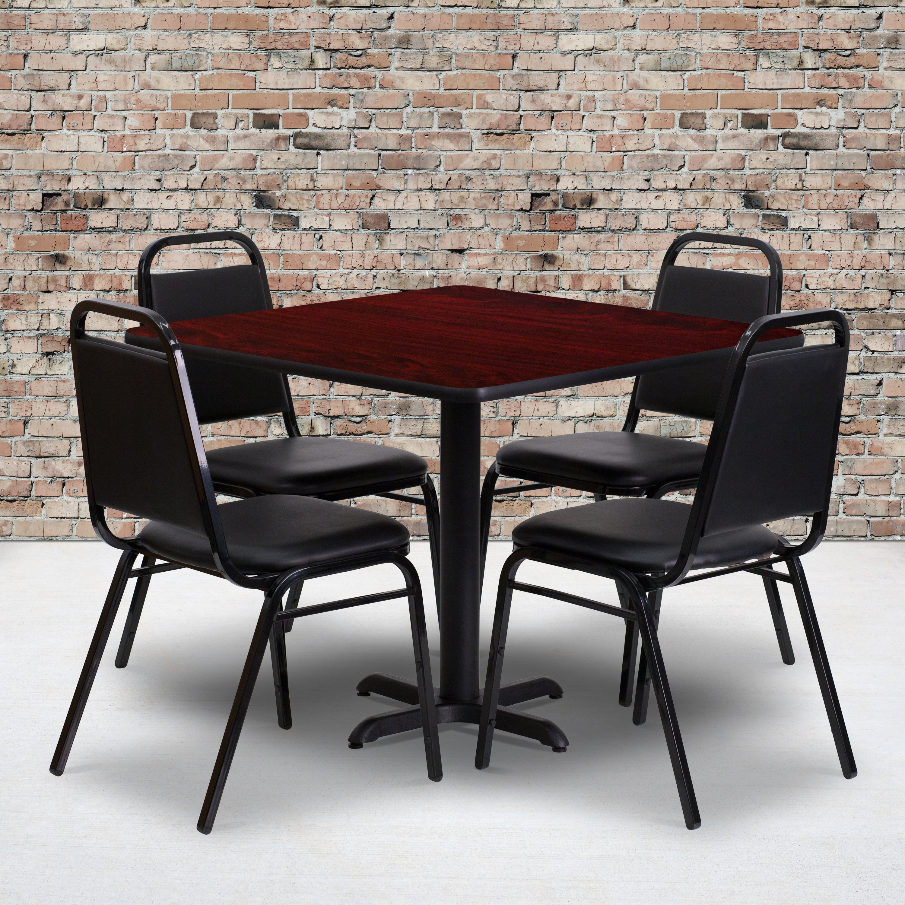 Carlton 36'' Square Mahogany Laminate Table Set with X-Base and 4 Black Trapezoidal Back Banquet Chairs