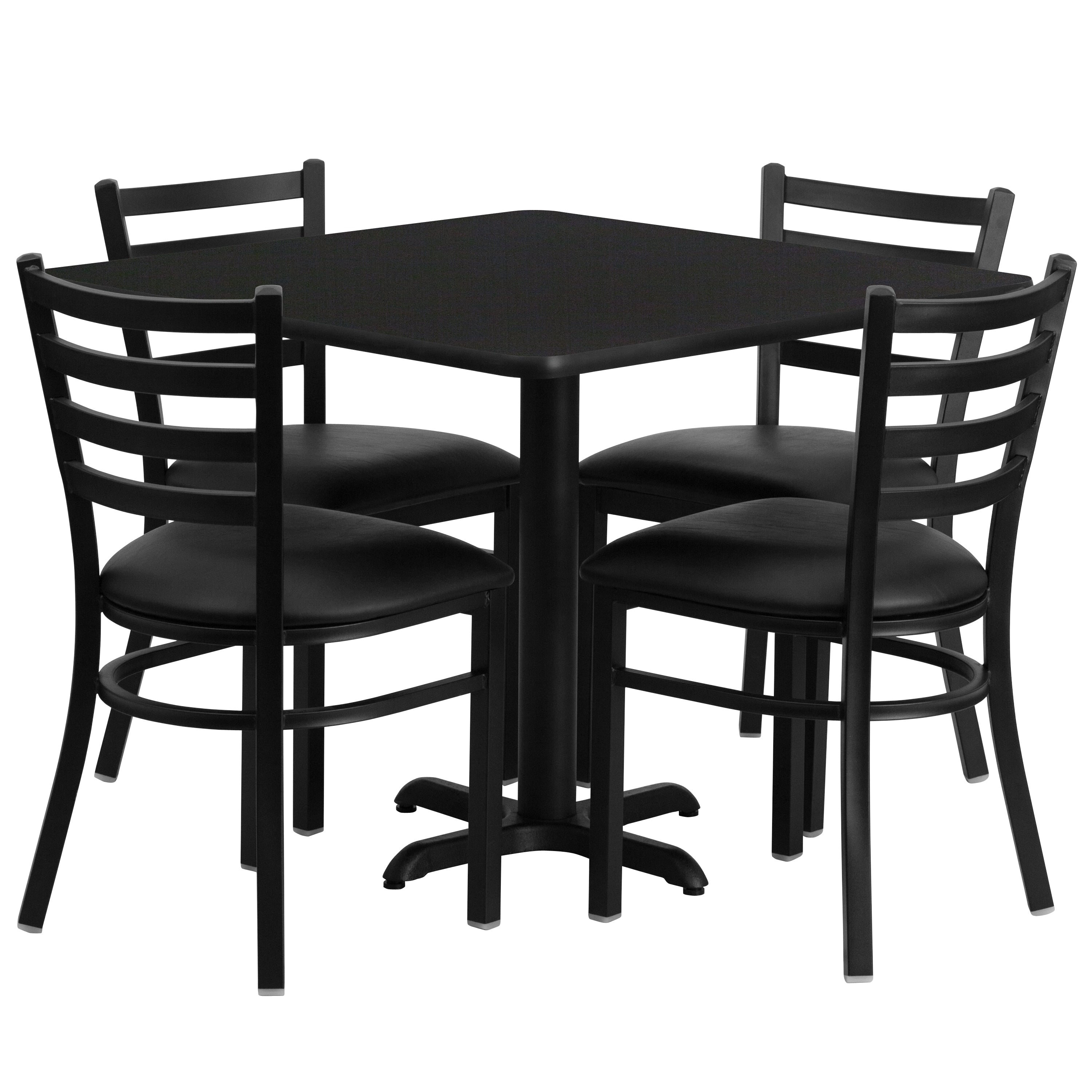 Carlton 36'' Square Black Laminate Table Set with X-Base and 4 Ladder Back Metal Chairs - Black Vinyl Seat